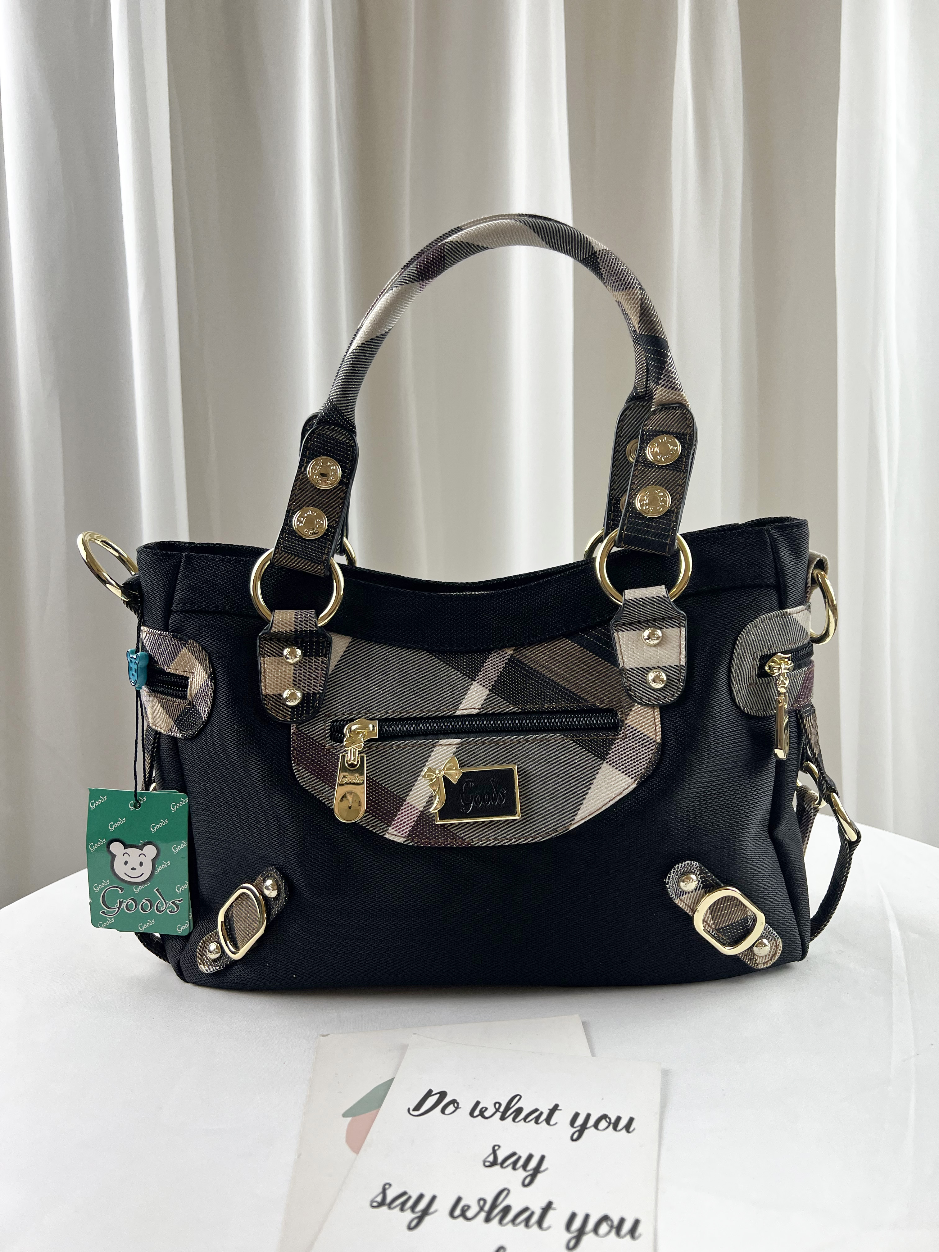GOODS 金線大格黑防潑水手提包 / 側背包 #29256