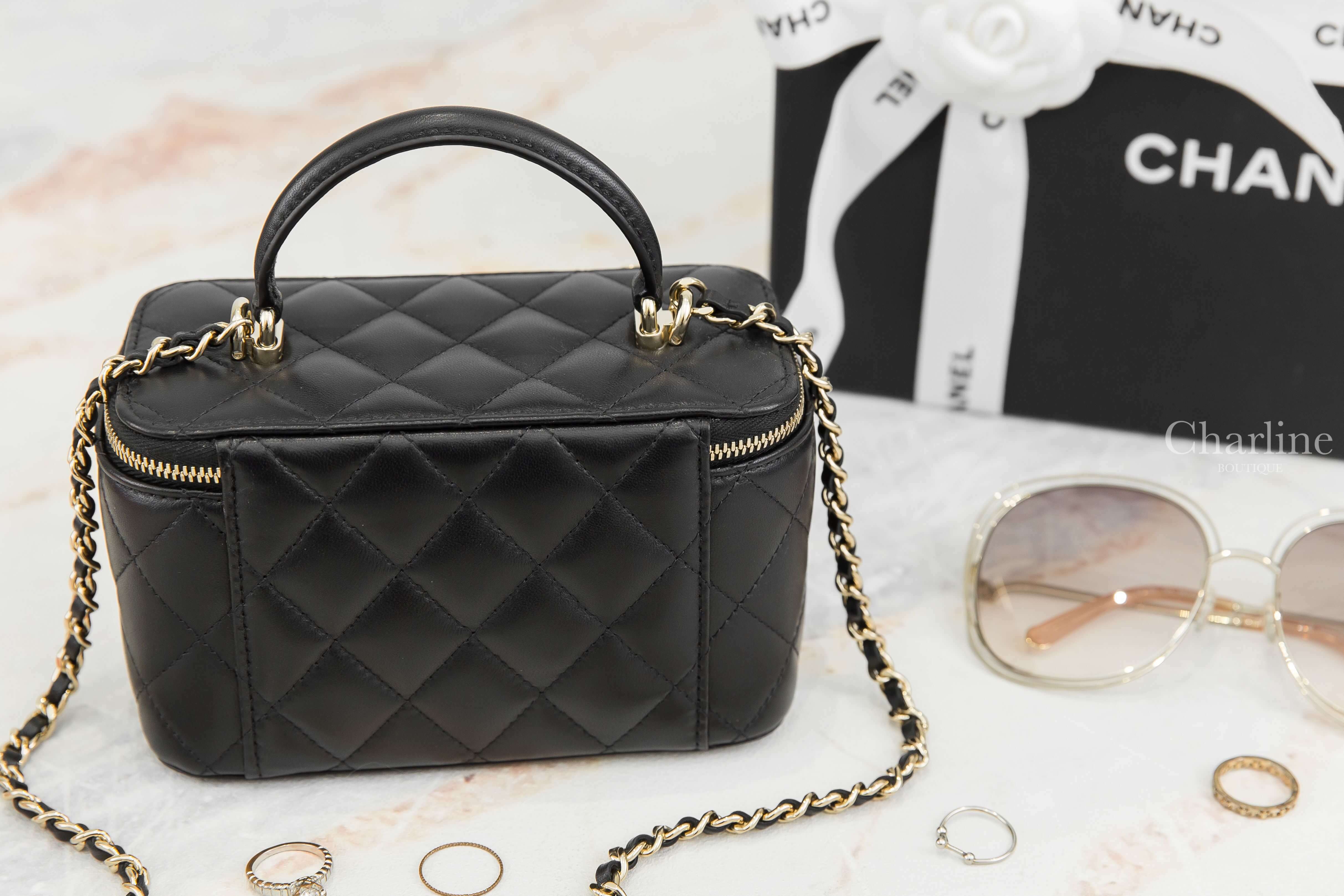 Chanel Vanity With Chain 黑色金CC金鍊小羊皮菱格紋長方形手提肩背包-Charline Boutique 精品代購