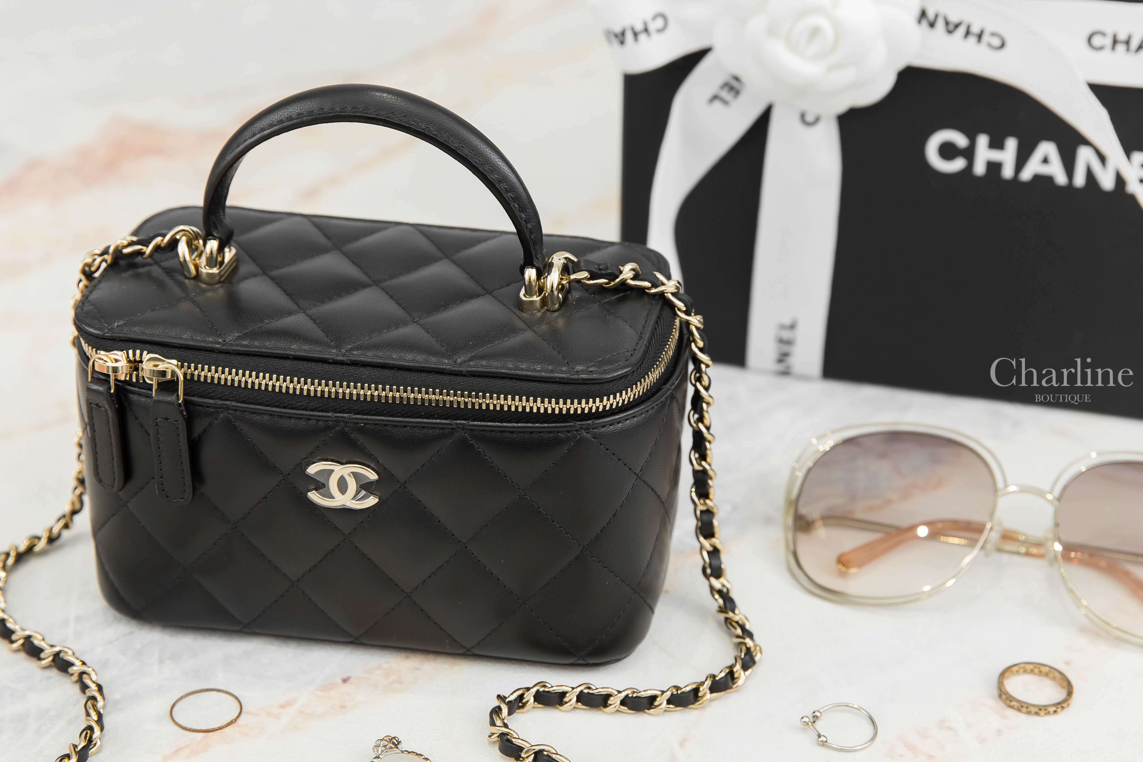 Chanel Vanity With Chain 黑色金CC金鍊小羊皮菱格紋長方形手提肩背包-Charline Boutique 精品代購