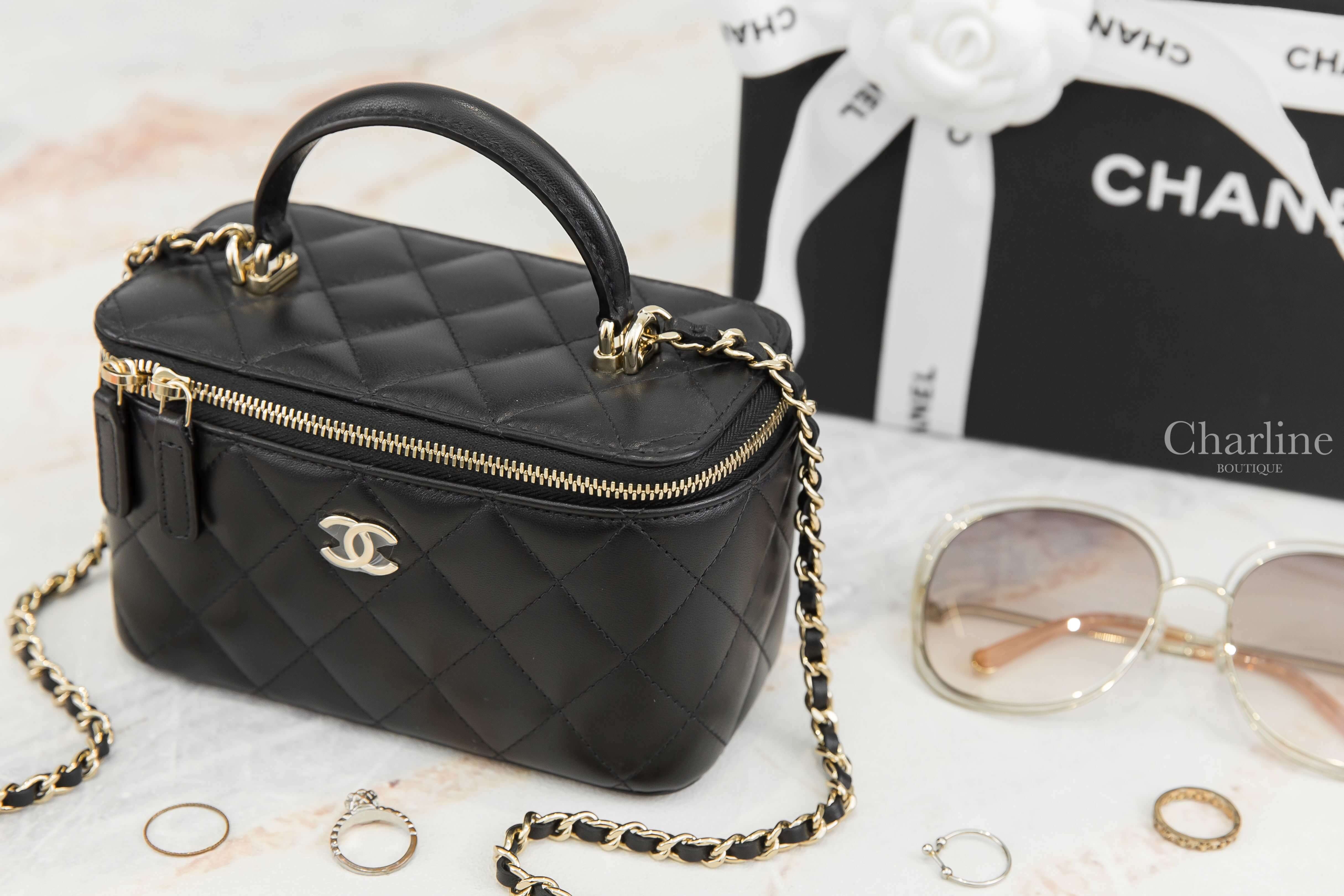 Chanel Vanity With Chain 黑色金CC金鍊小羊皮菱格紋長方形手提肩背包-Charline Boutique 精品代購