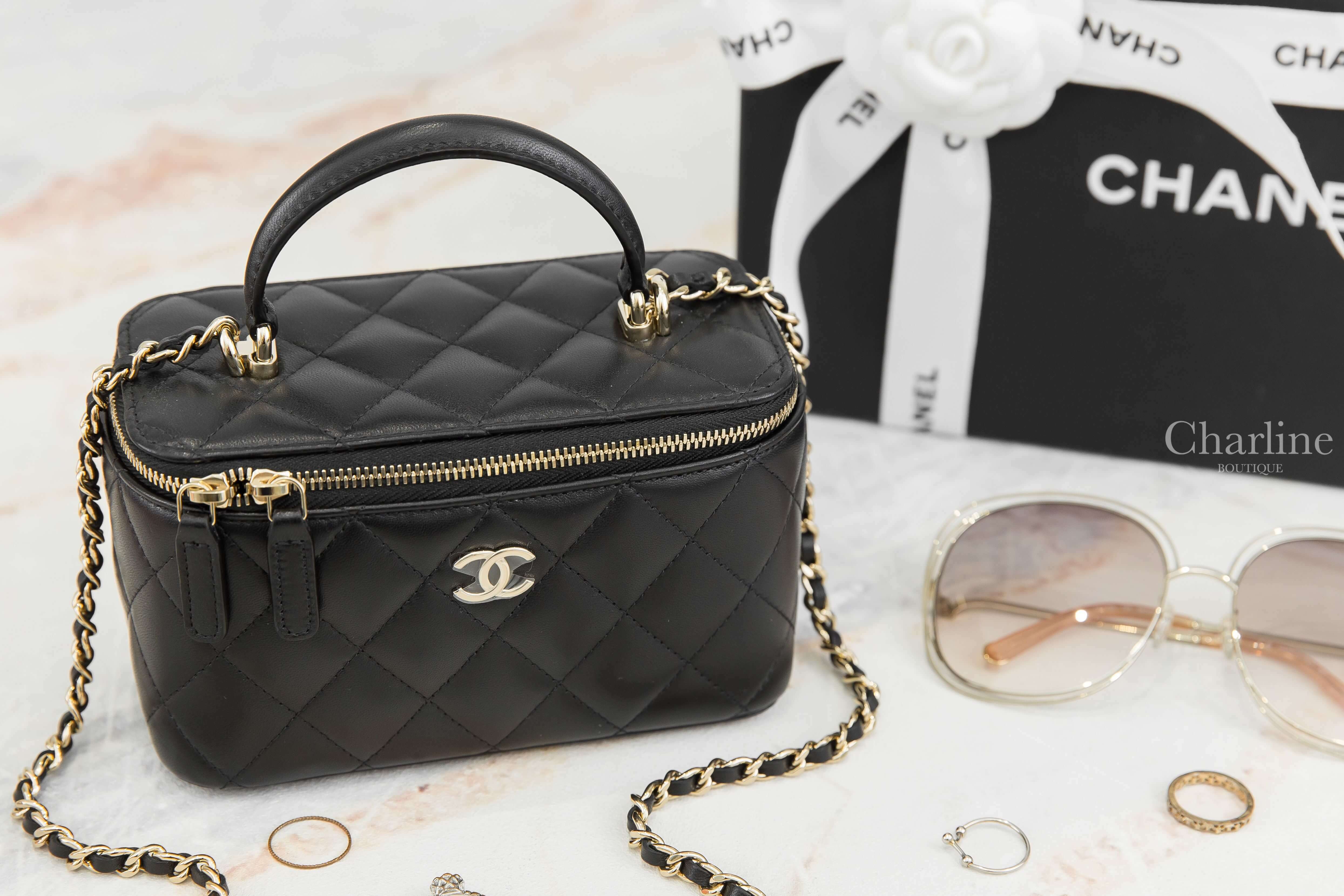 Chanel Vanity With Chain 黑色金CC金鍊小羊皮菱格紋長方形手提肩背包-Charline Boutique 精品代購