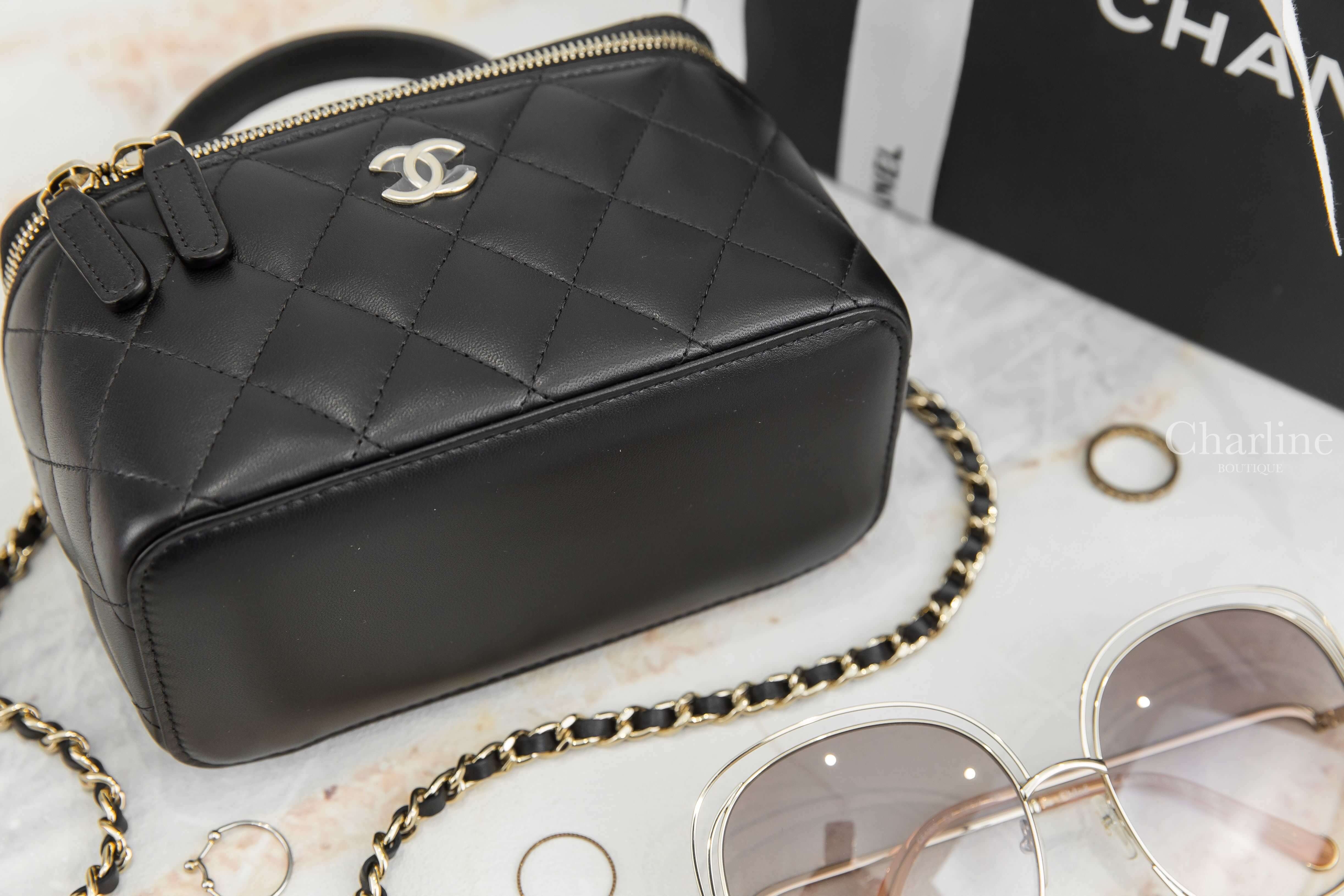 Chanel Vanity With Chain 黑色金CC金鍊小羊皮菱格紋長方形手提肩背包-Charline Boutique 精品代購