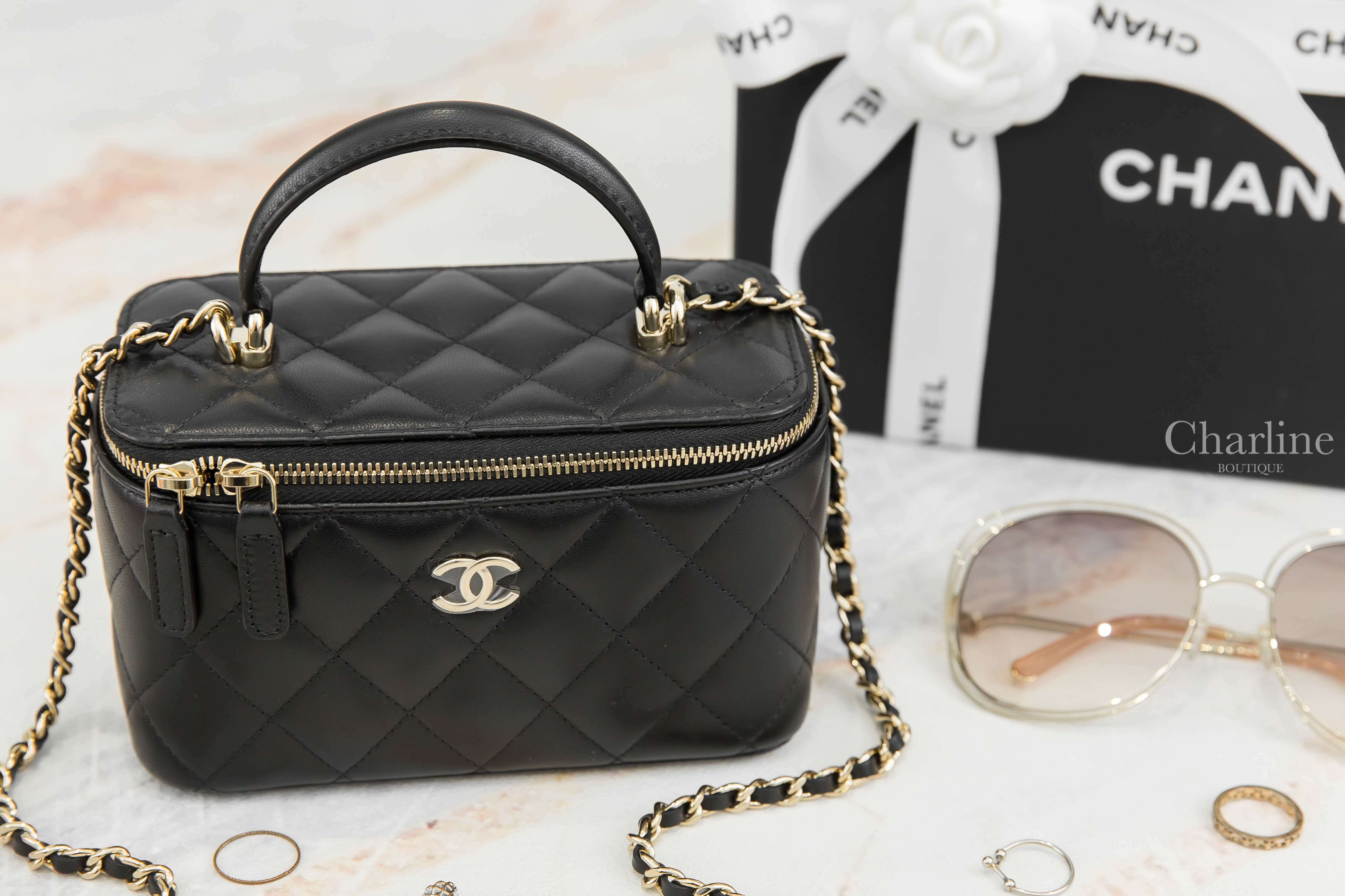 Chanel Vanity With Chain 黑色金CC金鍊小羊皮菱格紋長方形手提肩背包-Charline Boutique 精品代購