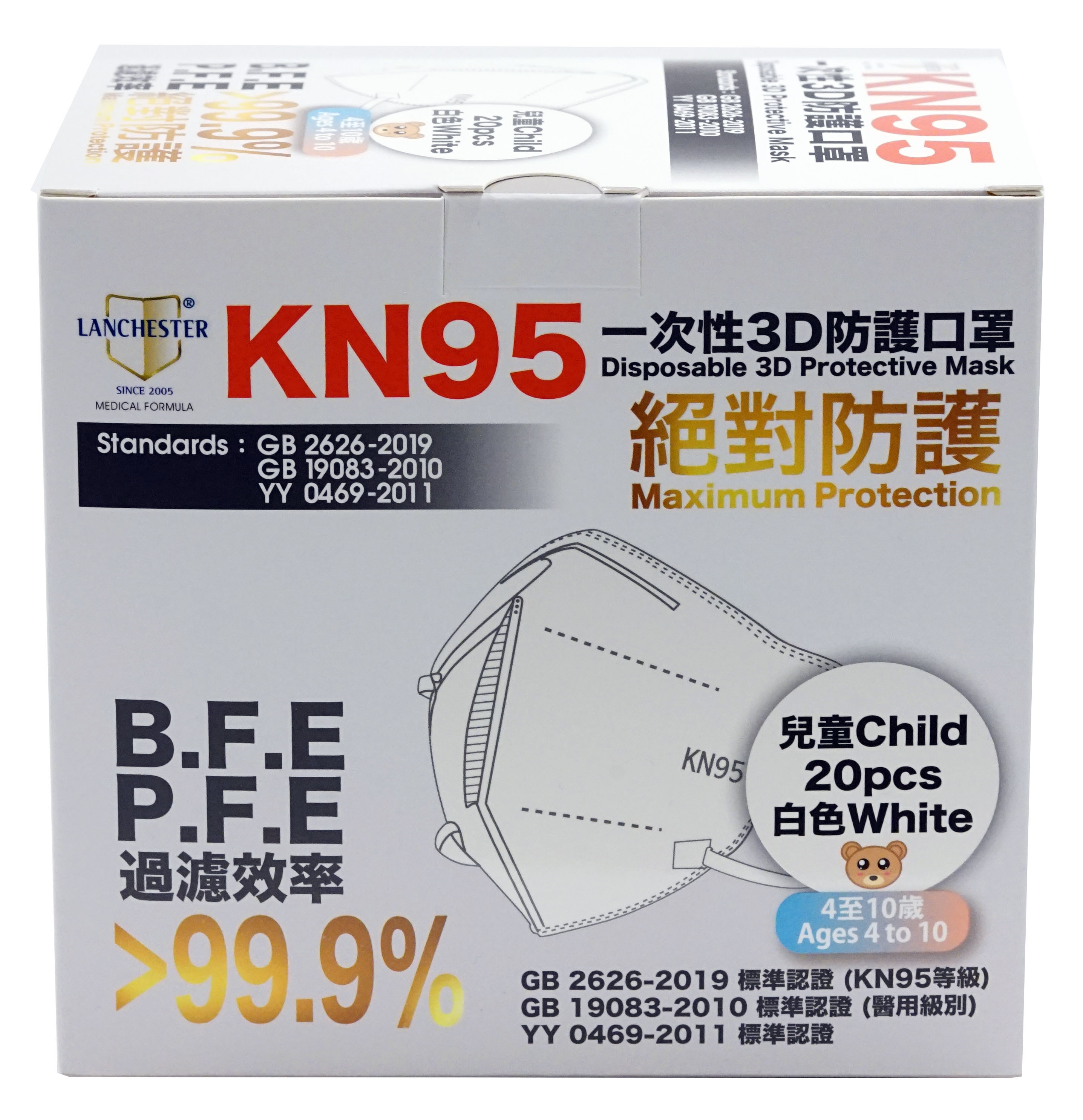 【KN95系列】Lanchester 小童五層絕對防護口罩 白色二十片 獨立包裝 (證書認證/信心保證)