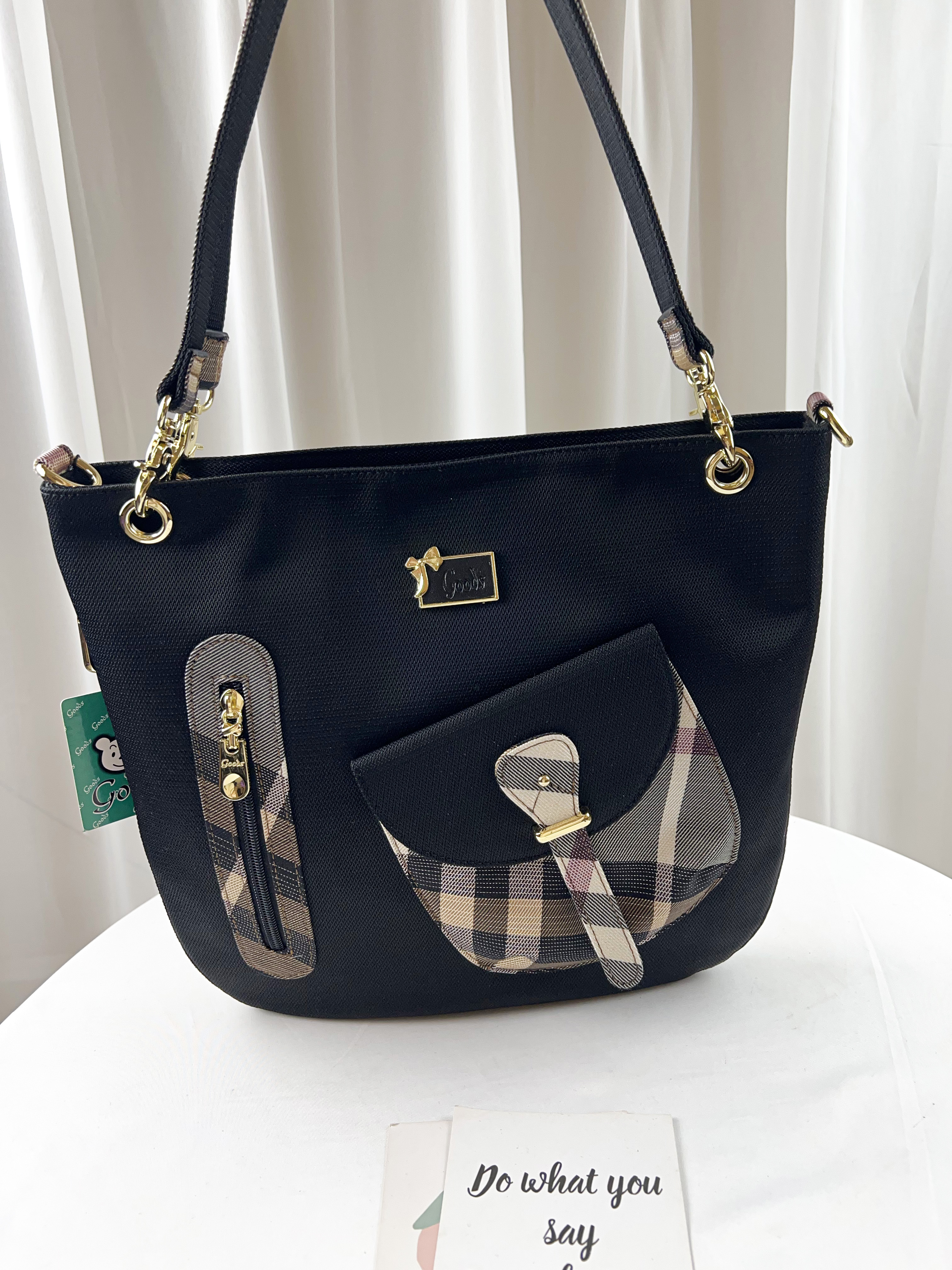 GOODS 金線大格黑防潑水手提包 / 肩背包 #1935