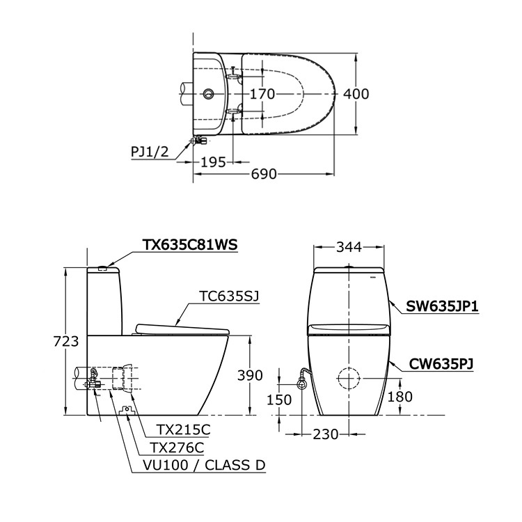 Toto CW635PJ + SW635JP1 + TC635SJ Close-Coupled Toilet with Dual Flush 3/4.5L Wash Down Flushing with Slow Closing Seat Cover
