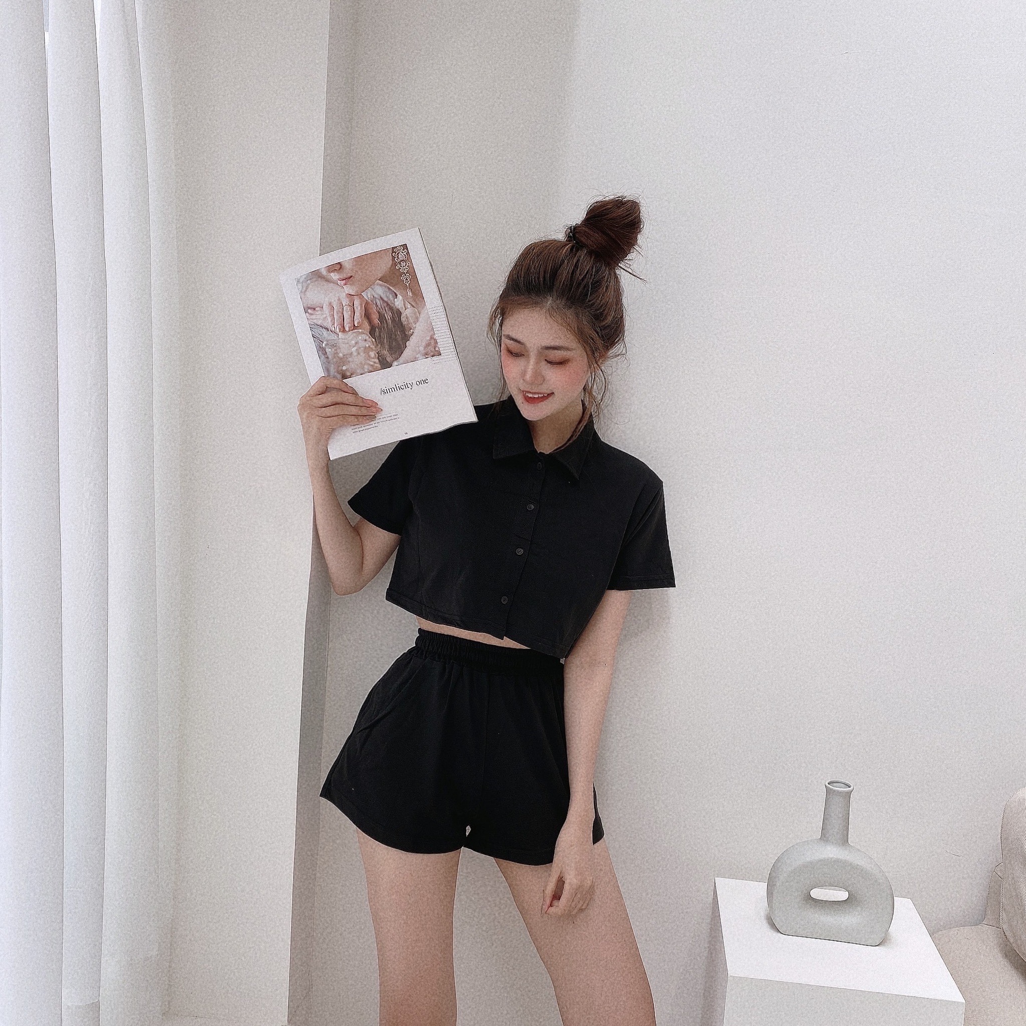 翻領排釦棉質套裝/三色