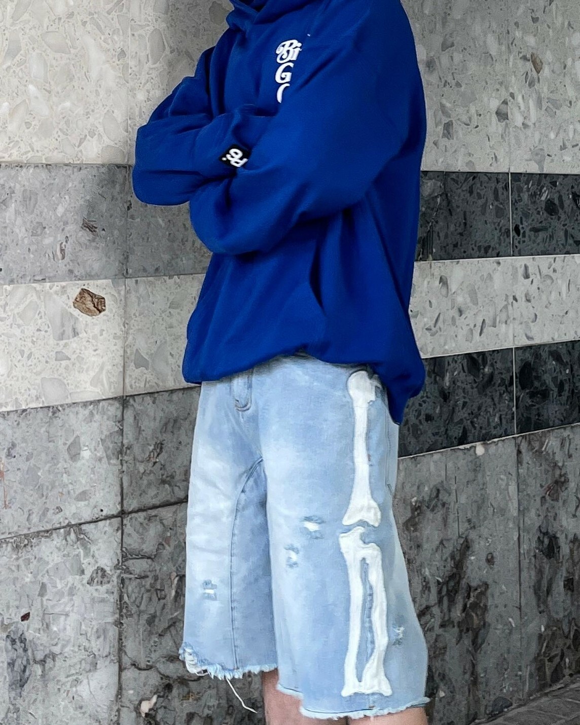 RENAISSANCE 骨骼 骷髏貼布 破壞丹寧 牛仔短褲