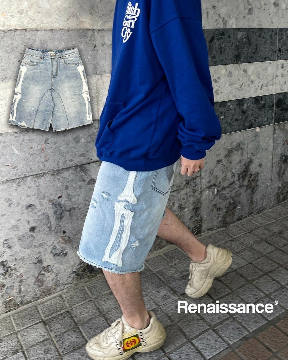 RENAISSANCE 骨骼 骷髏貼布 破壞丹寧 牛仔短褲