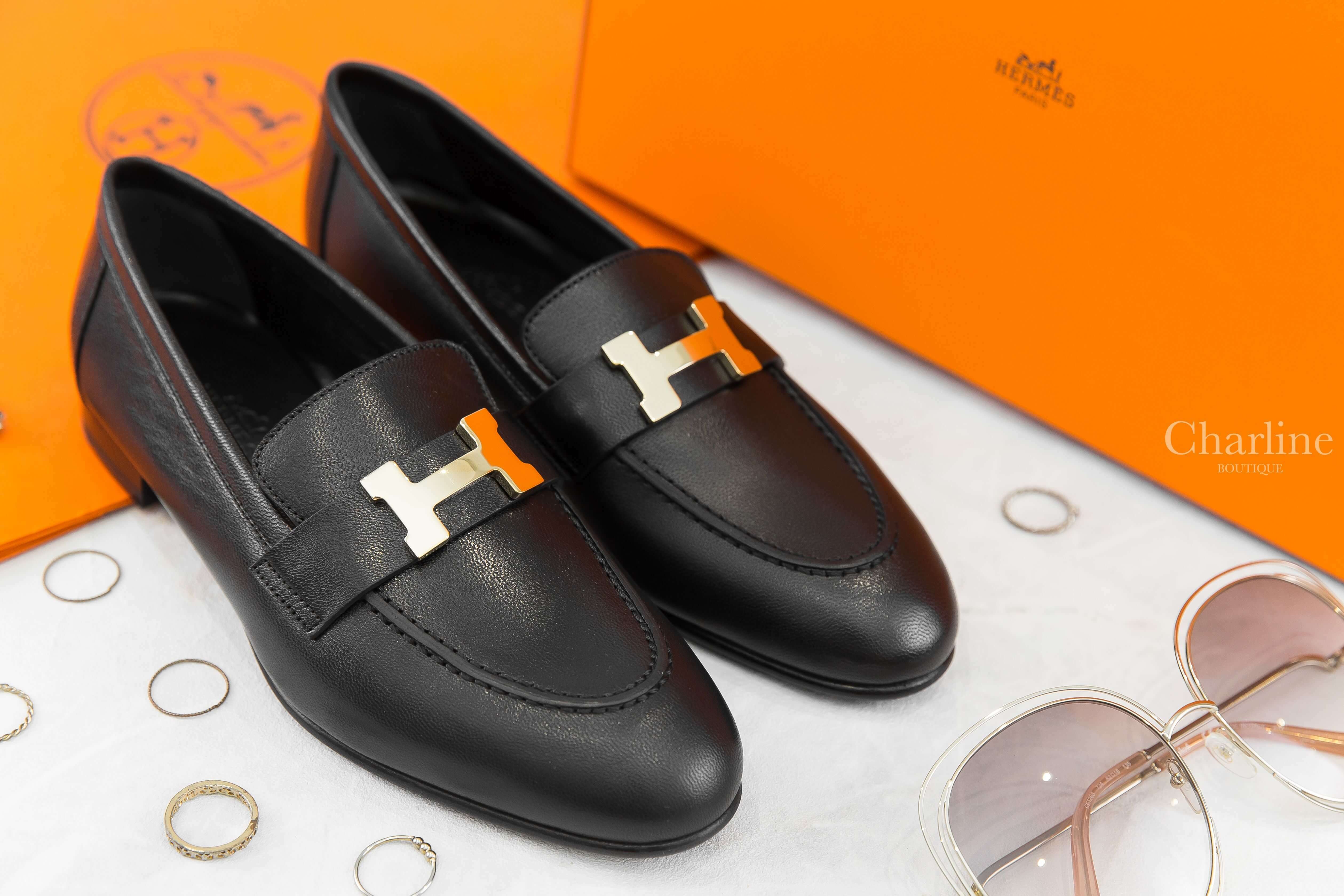 Hermès Paris Loafer 黑色金釦H山羊皮樂福鞋