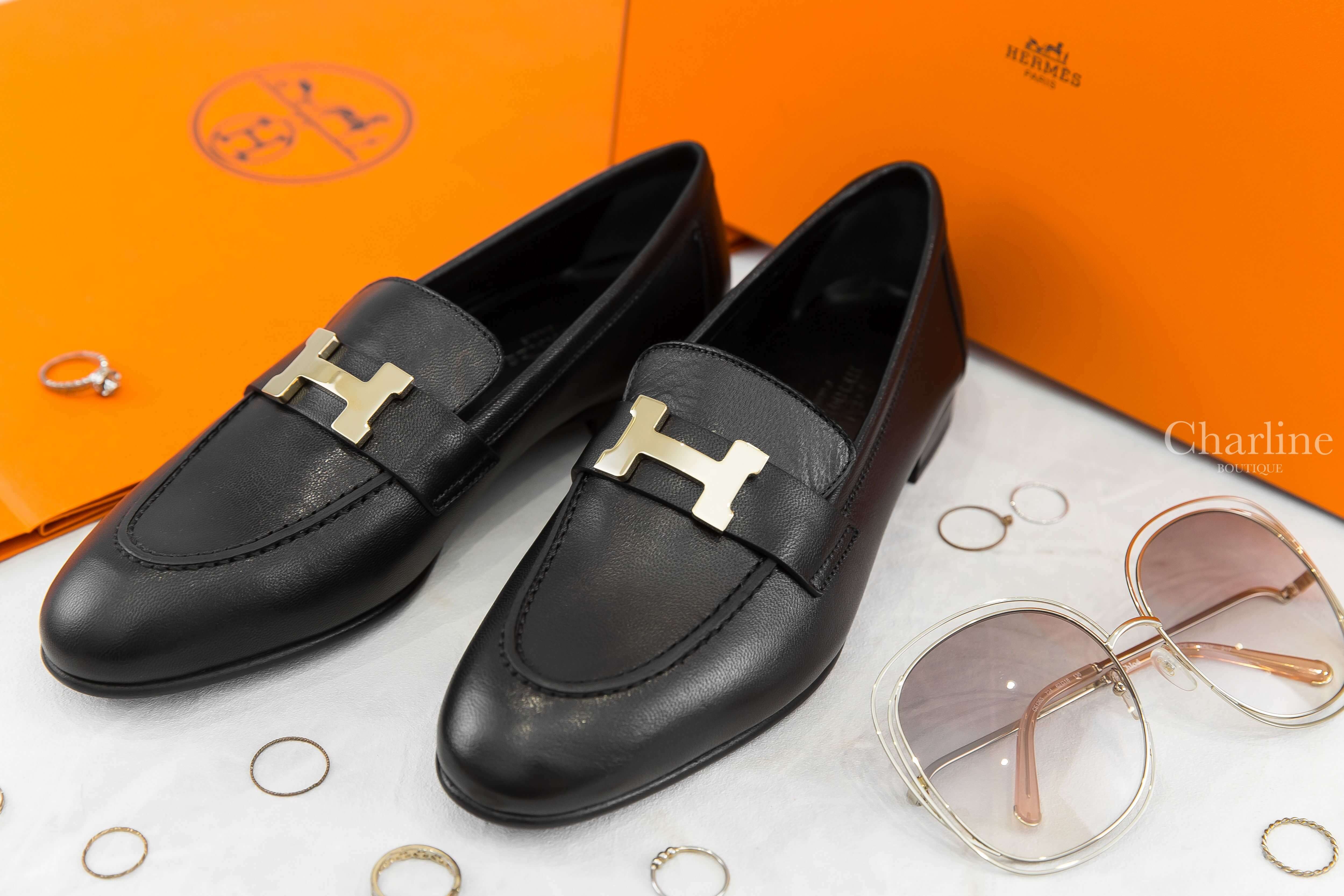 Hermès Paris Loafer 黑色金釦H山羊皮樂福鞋-Charline Boutique 精品代購