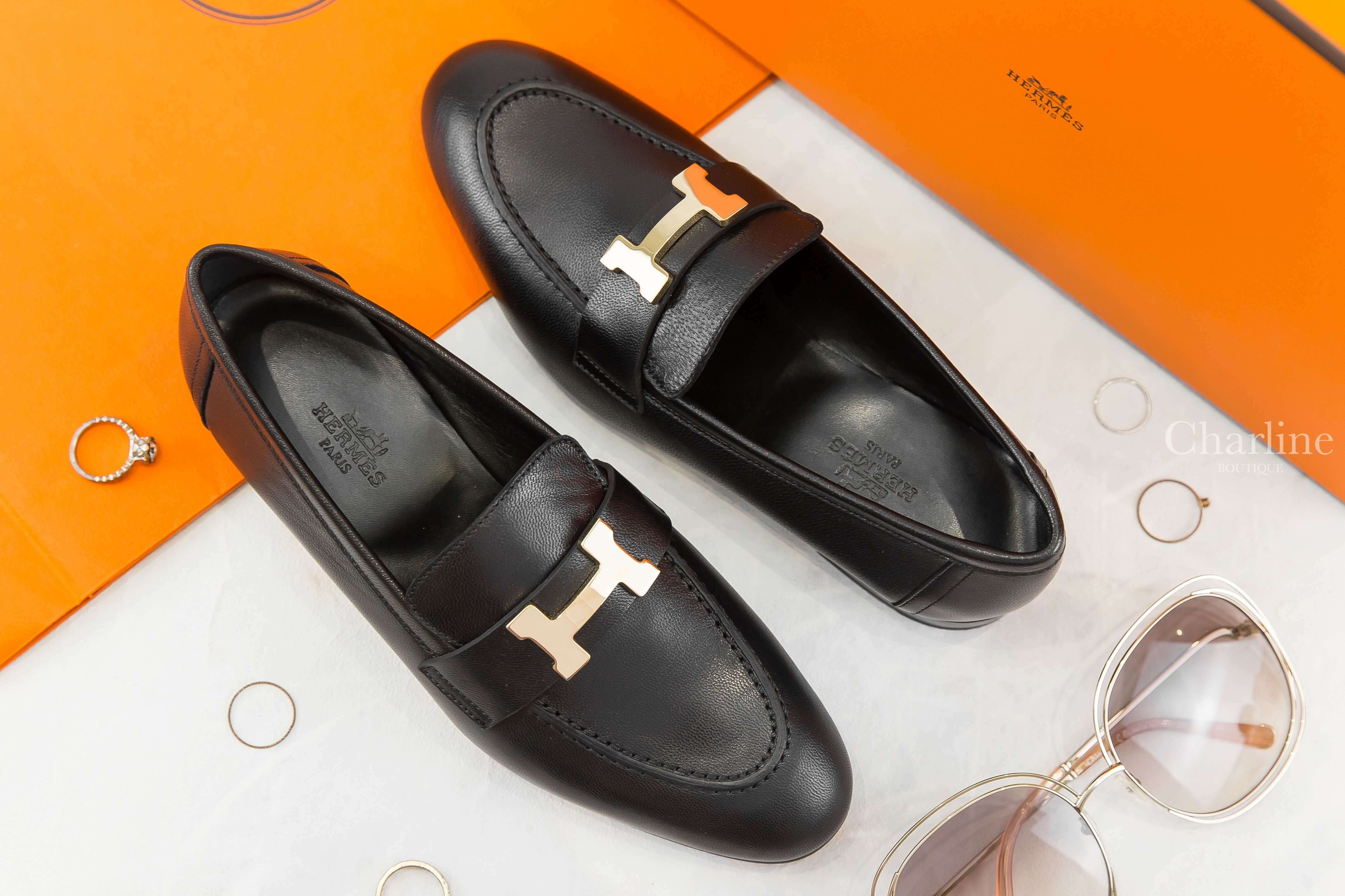 Hermès Paris Loafer 黑色金釦H山羊皮樂福鞋-Charline Boutique 精品代購