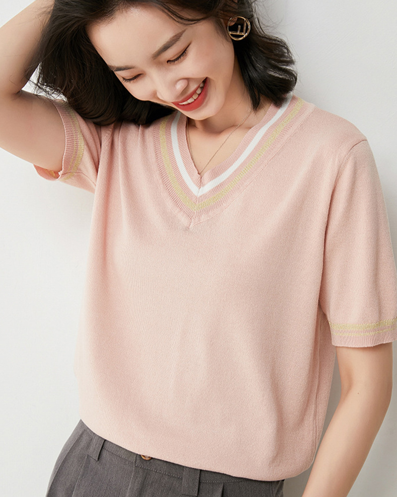 白S/黑L/淺咖XL/粉XL【零碼出清不退換】配色V領羅紋針織上衣