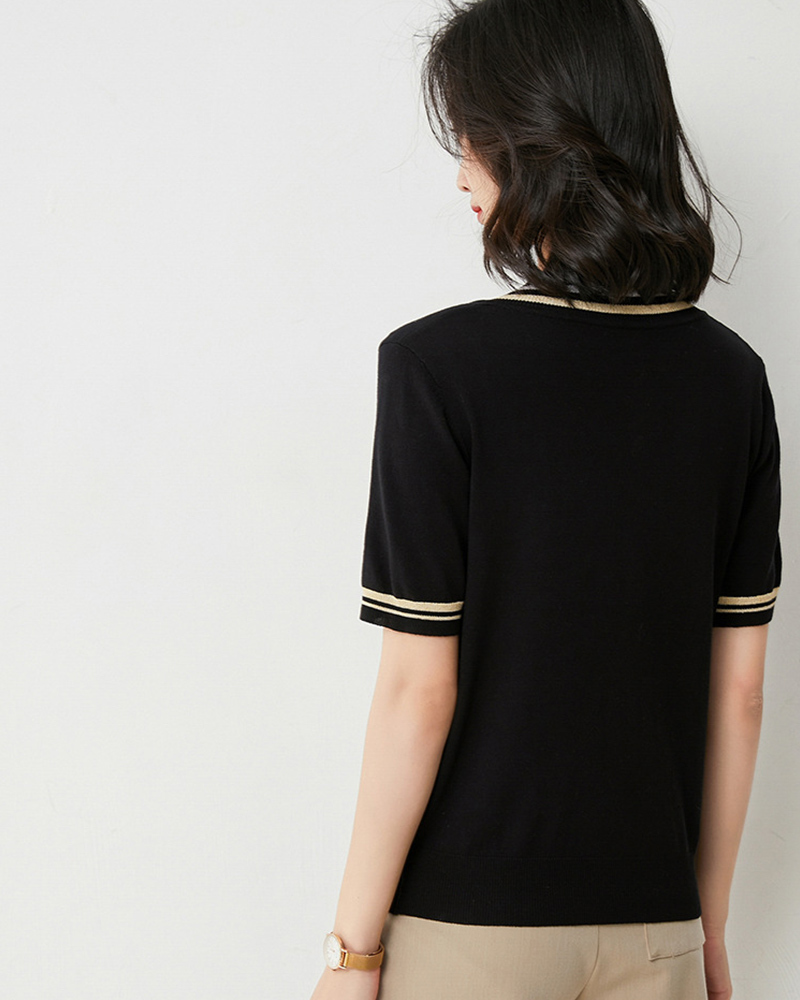 DEER.W 配色V領羅紋針織上衣 黑色