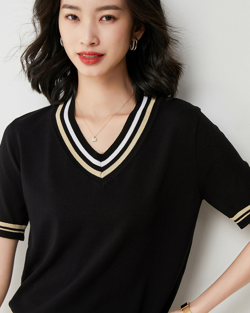 DEER.W 配色V領羅紋針織上衣 黑色