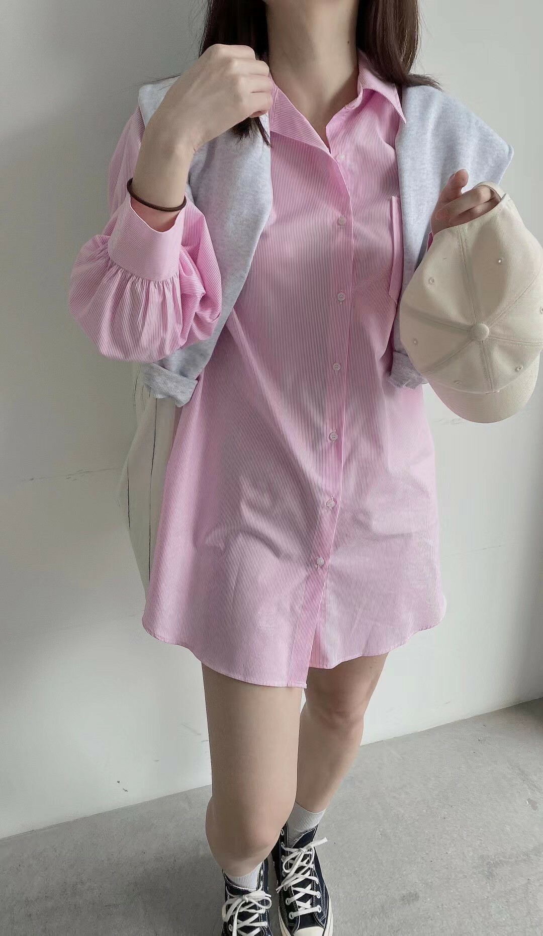 2204023直條紋男友襯衫長袖短洋裝