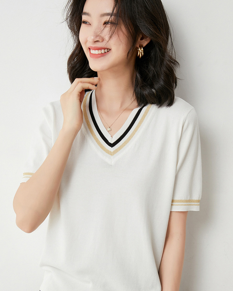 DEER.W 配色V領羅紋針織上衣 白色