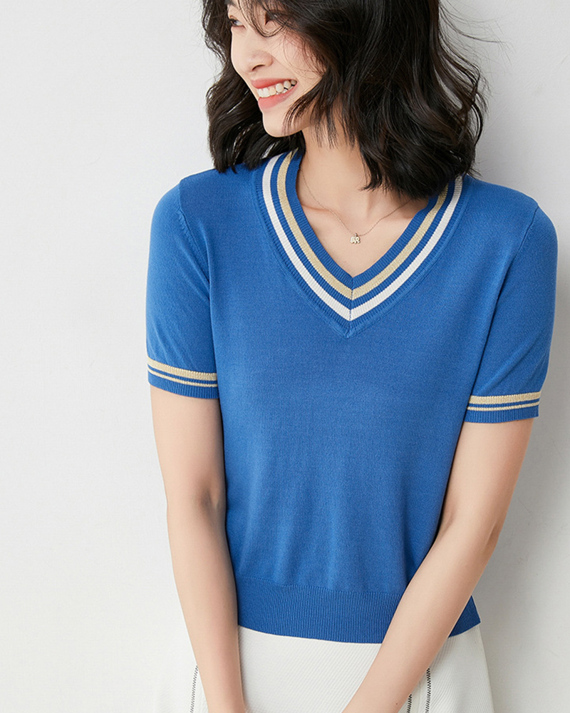 DEER.W 配色V領羅紋針織上衣 寶藍
