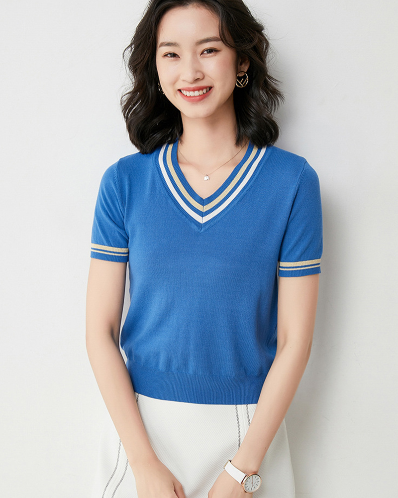DEER.W 配色V領羅紋針織上衣 寶藍