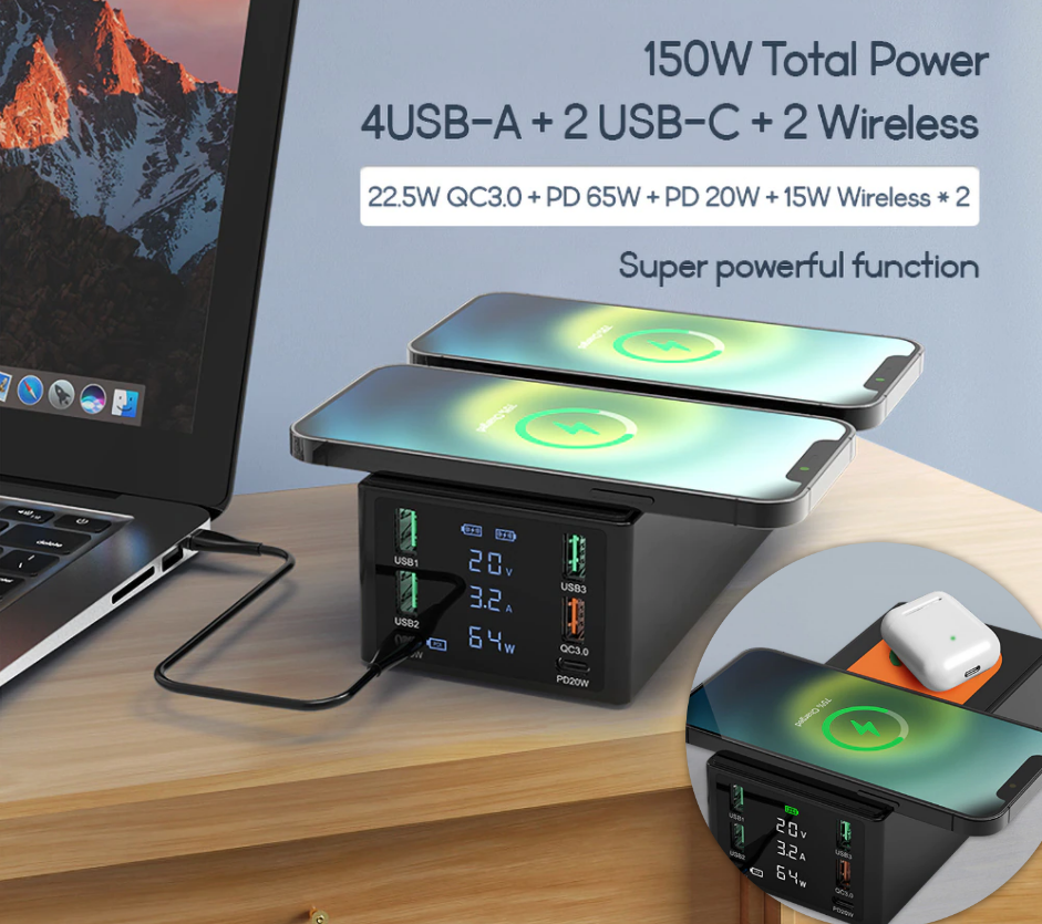 150W 八輸出雙無線充+PD65W + PD20W + QC3.0 全能充電站(Android/Apple/Airpods/notebook)