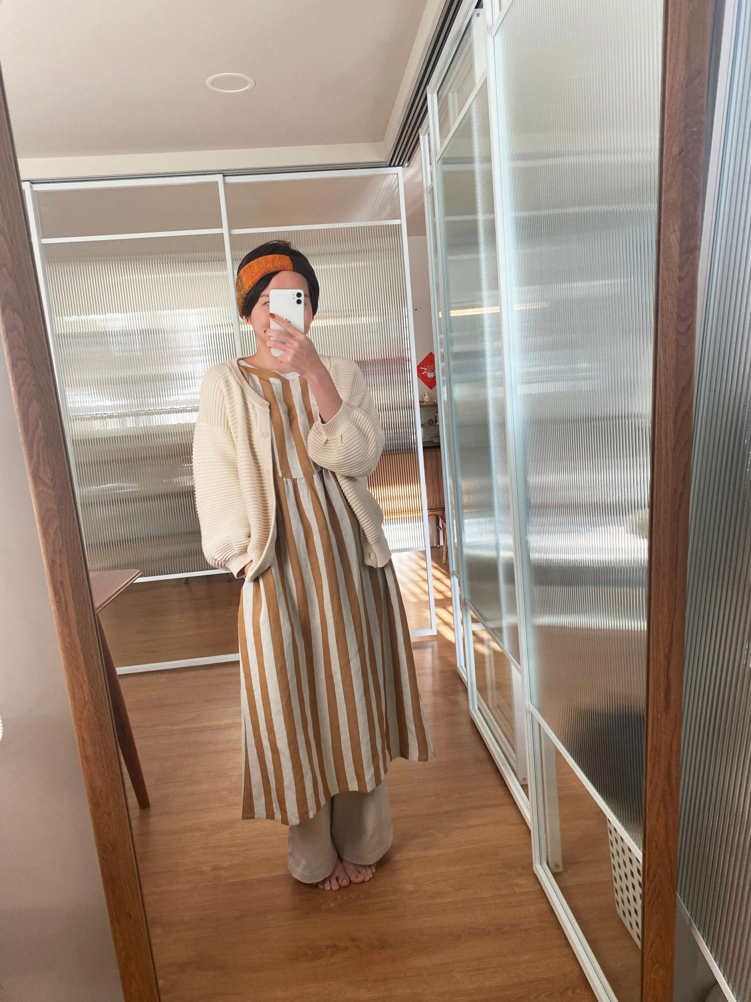 夏艾條紋七分袖洋裝-丁柿