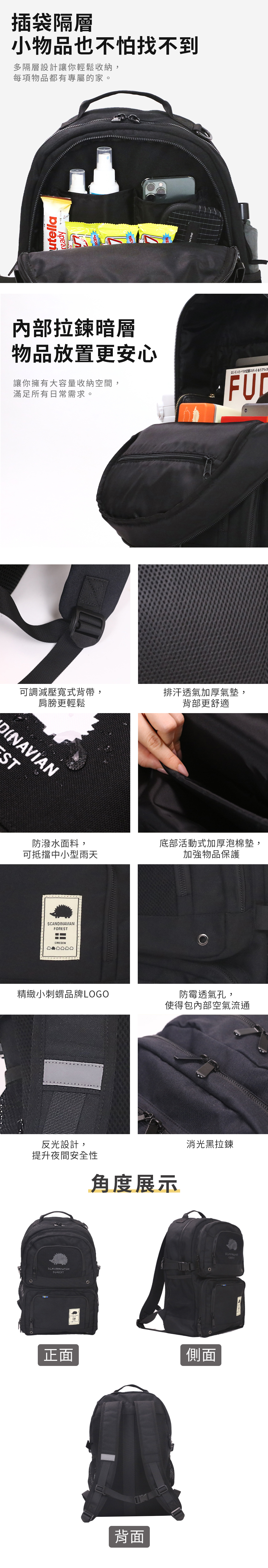 後背包,大容量,收納,多口袋,硬挺,尼龍,耐用,旅行必備,休閒風,全黑,復古,潮流,百搭,街頭穿搭,耐磨,暗袋,減壓,肩背帶,後背包,防潑水,反光條,風格,機能,時尚背包,日系穿搭,多功能背包,流行包款,日常包,學生包,筆電包