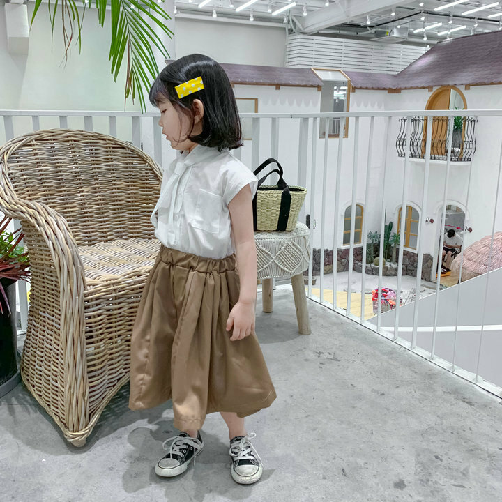 <兩件組>OL風領結襯衫+寬褲裙 白色