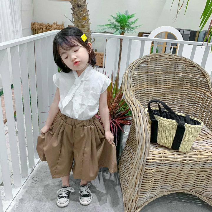 <兩件組>OL風領結襯衫+寬褲裙 白色