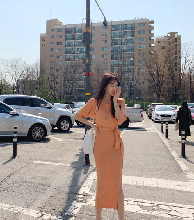 大領露肩收腰棉質洋裝(橘/黑)