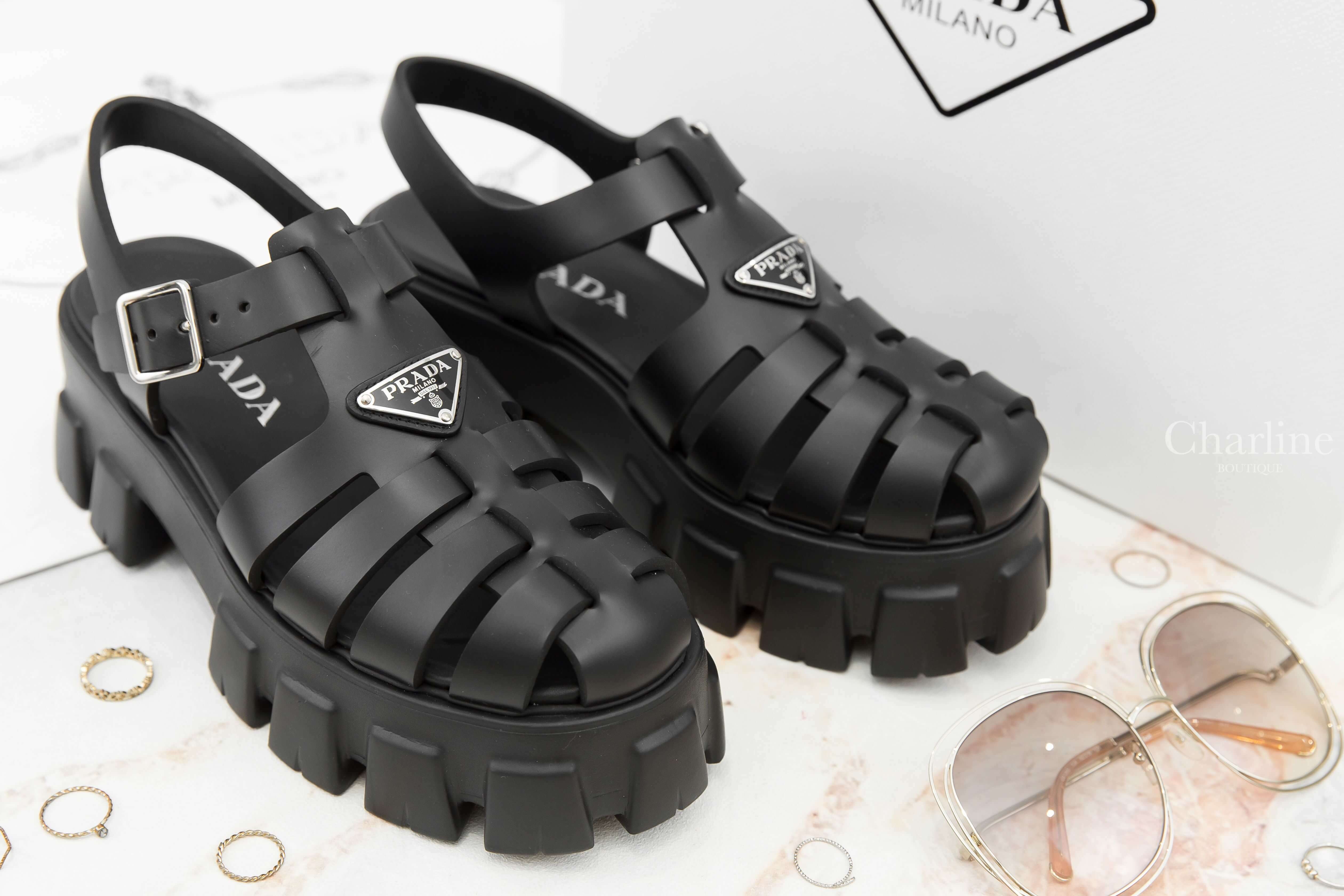 Prada Foam Rubber Sandals 黑色橡膠三角銀字Logo厚底涼鞋-Charline Boutique 精品代購