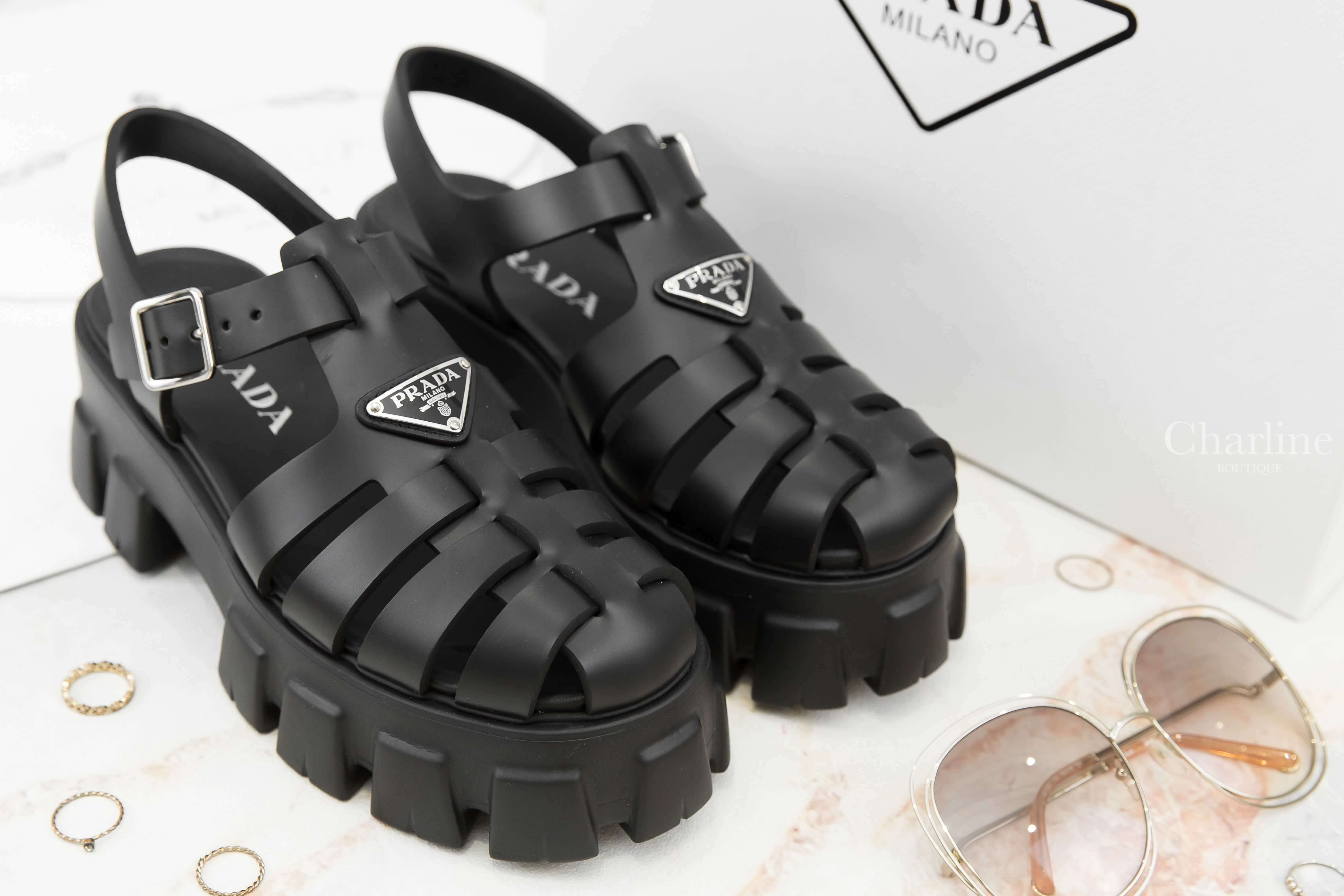 Prada Foam Rubber Sandals 黑色橡膠三角銀字Logo厚底涼鞋-Charline Boutique 精品代購