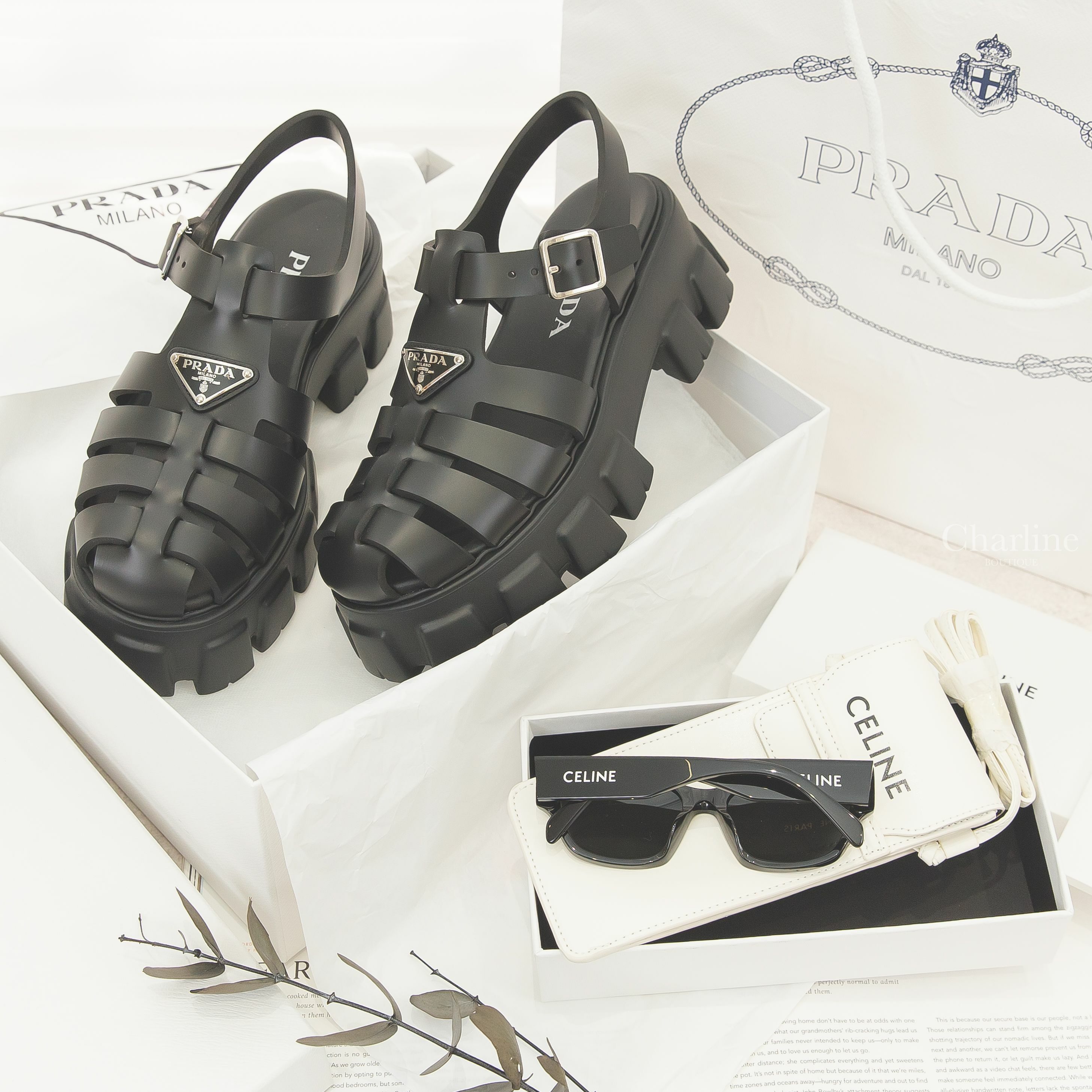 Prada Foam Rubber Sandals 黑色橡膠三角銀字Logo厚底涼鞋,Celine Monochroms 01 Sunglasses 黑色白字貓眼形狀太陽眼鏡附白色黑色字母肩背包兩件組-Charline Boutique 精品代購