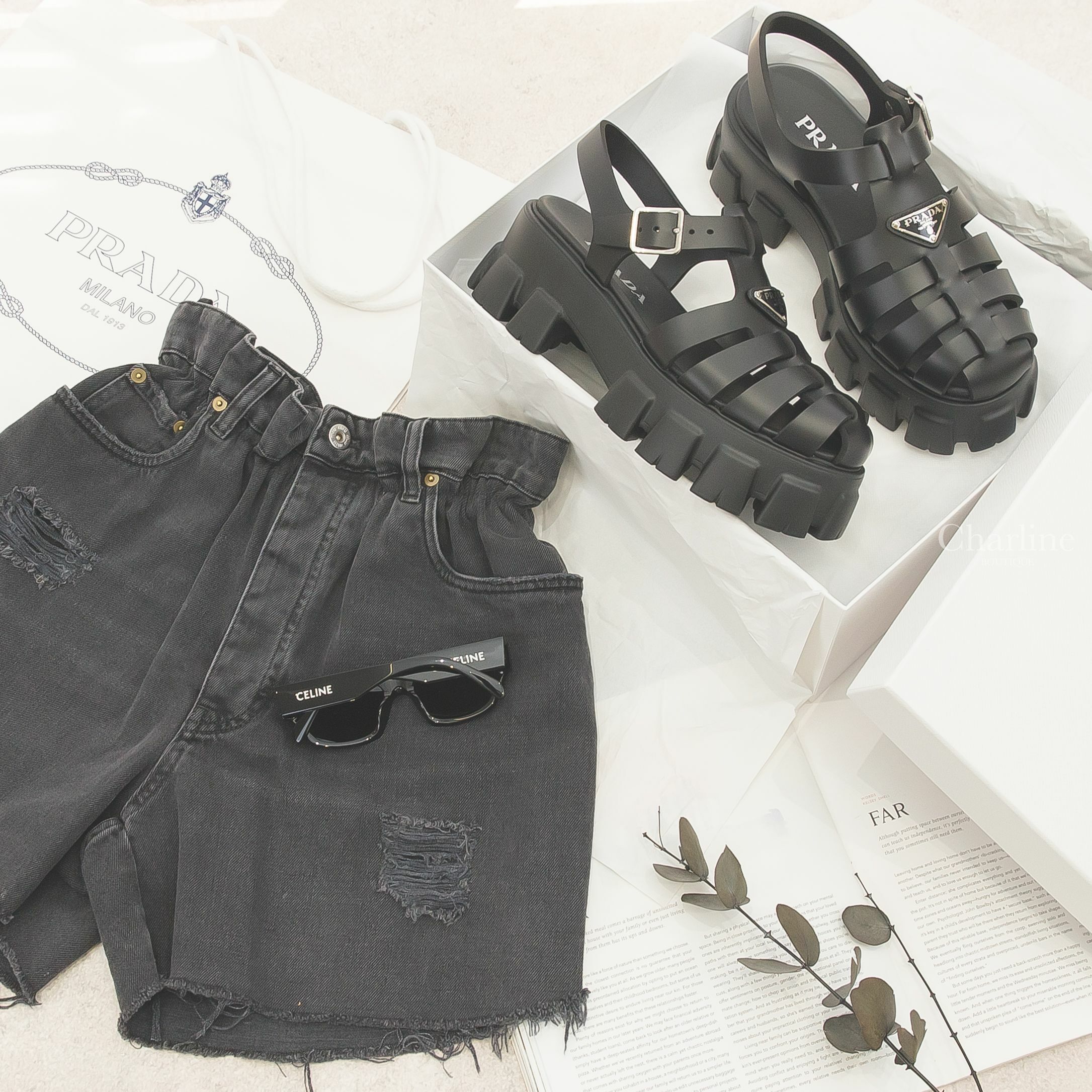 Prada Foam Rubber Sandals 黑色橡膠三角銀字Logo厚底涼鞋,Celine Monochroms 01 Sunglasses 黑色白字貓眼形狀太陽眼鏡附白色黑色字母肩背包兩件組-Charline Boutique 精品代購