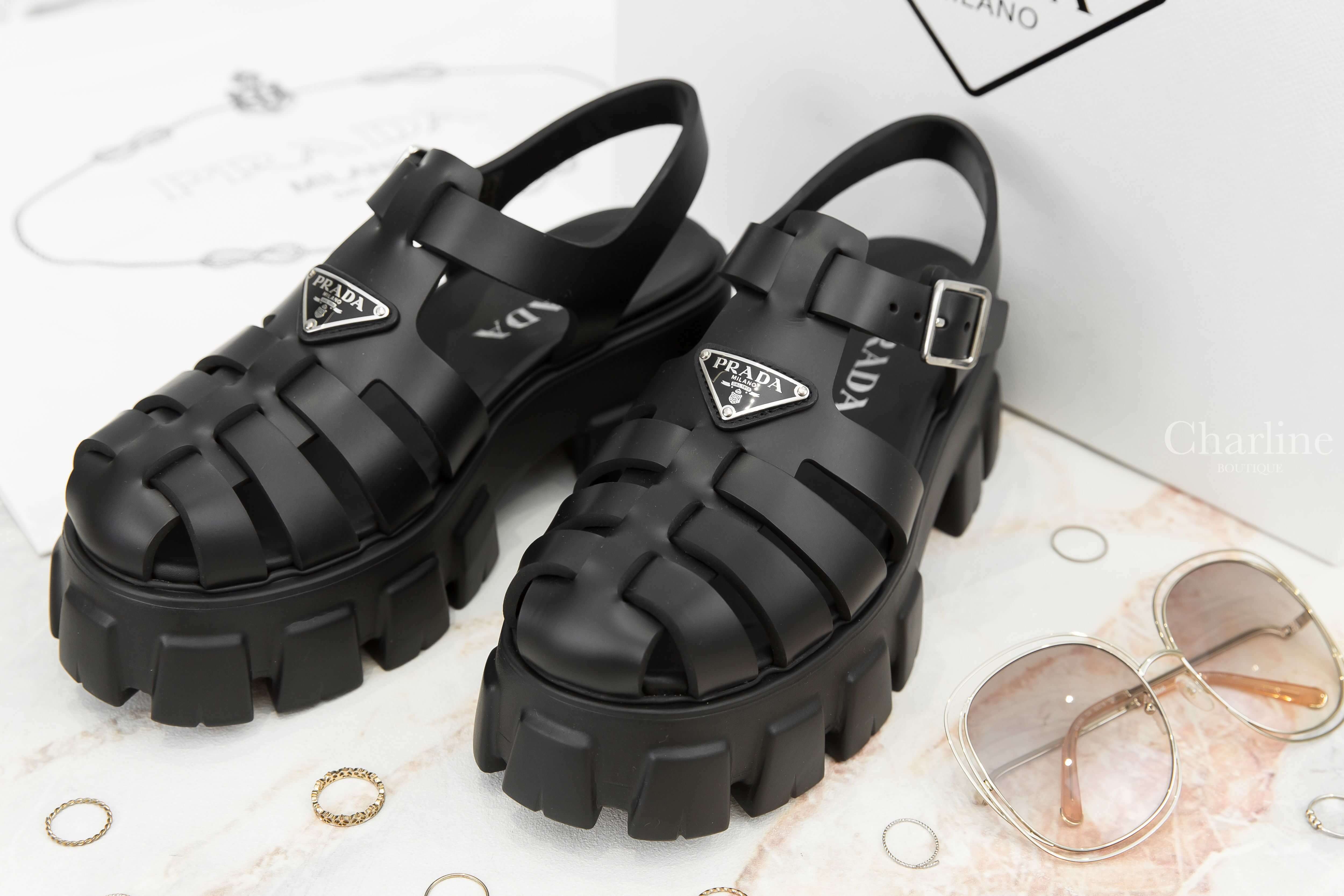 Prada Foam Rubber Sandals 黑色橡膠三角銀字Logo厚底涼鞋-Charline Boutique 精品代購