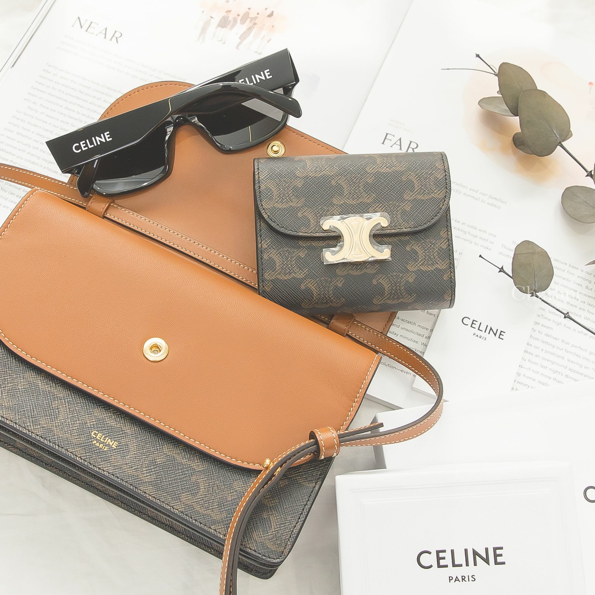 Celine Wallet On Strap 棕褐色凱旋門帆布拼咖啡色羊皮肩背包,Celine Wallet 棕褐色凱旋門帆布金釦短夾,Celine Sunglasses 黑色貓眼太陽眼鏡白色肩背包兩件組-Charline Boutique 精品代購