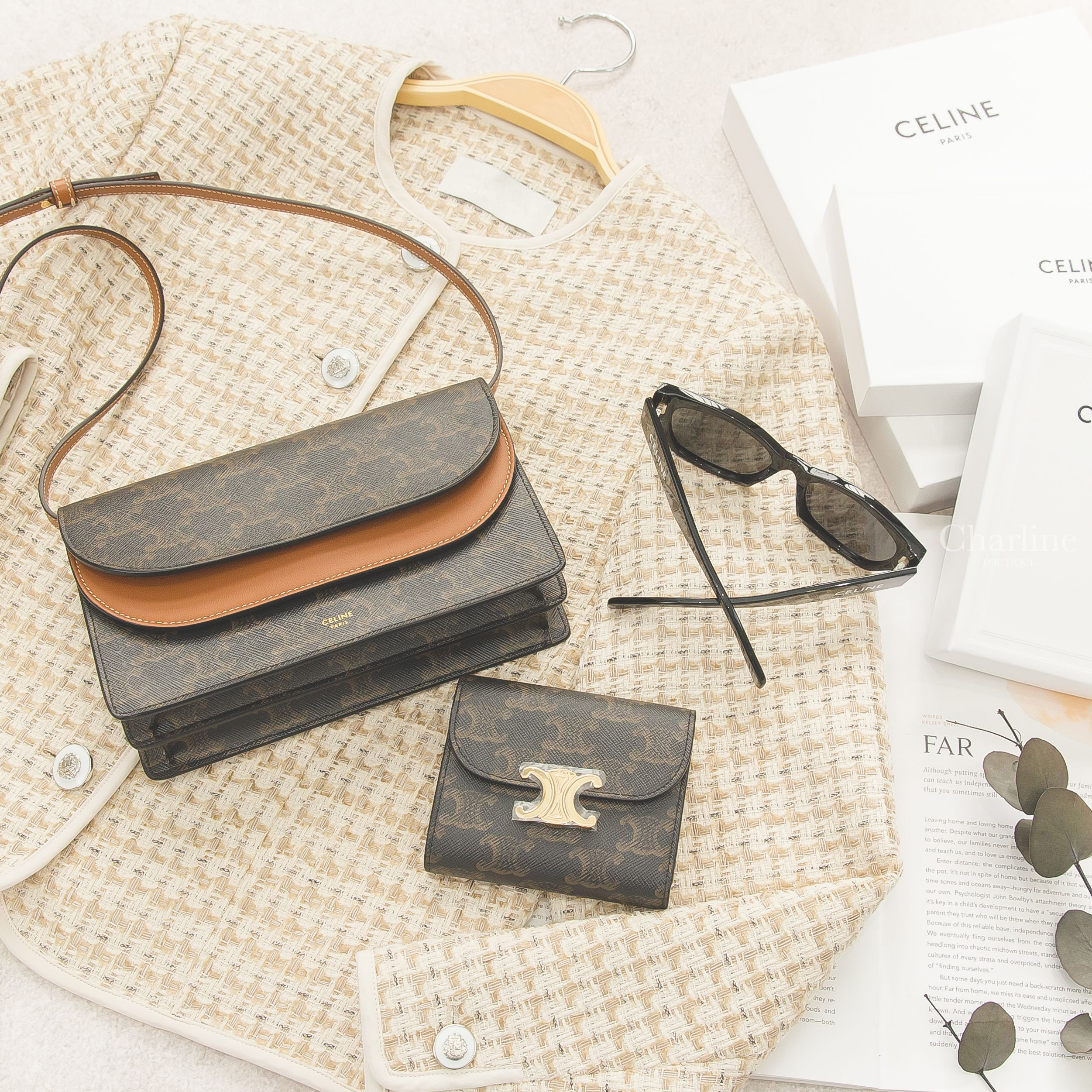 Celine Wallet On Strap 棕褐色凱旋門帆布拼咖啡色羊皮肩背包,Celine Wallet 棕褐色凱旋門帆布金釦短夾,Celine Sunglasses 黑色貓眼太陽眼鏡白色肩背包兩件組-Charline Boutique 精品代購