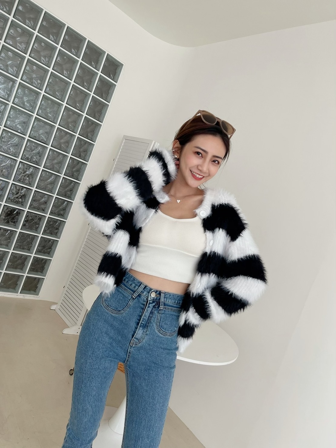 🔥03.23直播新品］💥連路人都在問］🇰🇷正韓超美超舒服馬海毛經典條紋小外套（黑白條紋色/兩色，可當上衣穿）