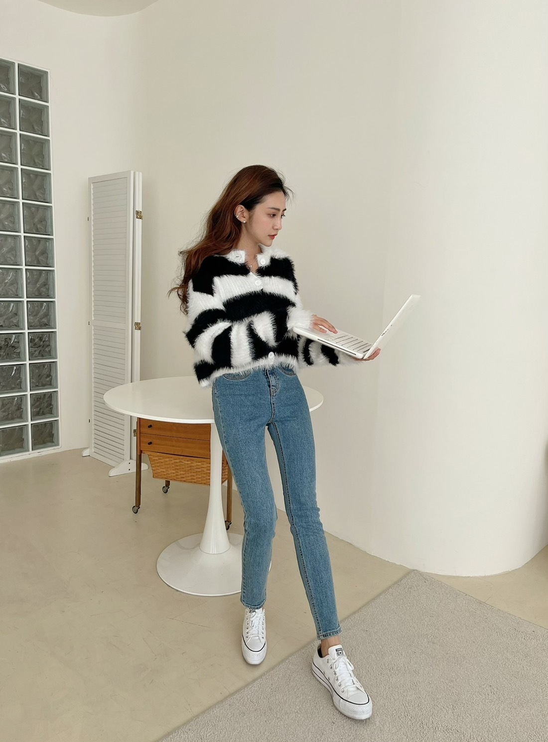 🔥03.23直播新品］💥連路人都在問］🇰🇷正韓超美超舒服馬海毛經典條紋小外套（黑白條紋色/兩色，可當上衣穿）