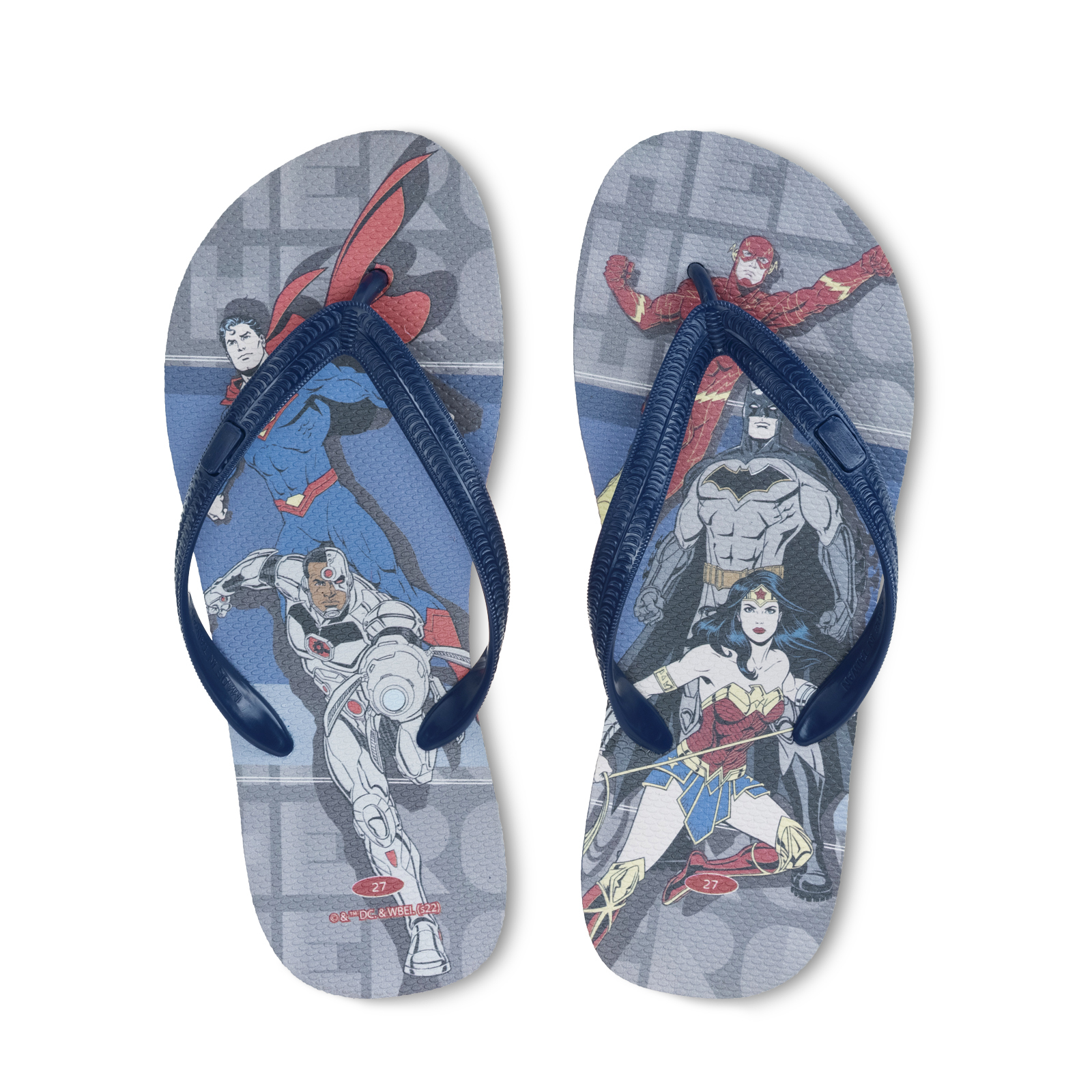 灰藍格款 DC正義聯盟 男款粗帶人字夾腳拖鞋 藏青藍