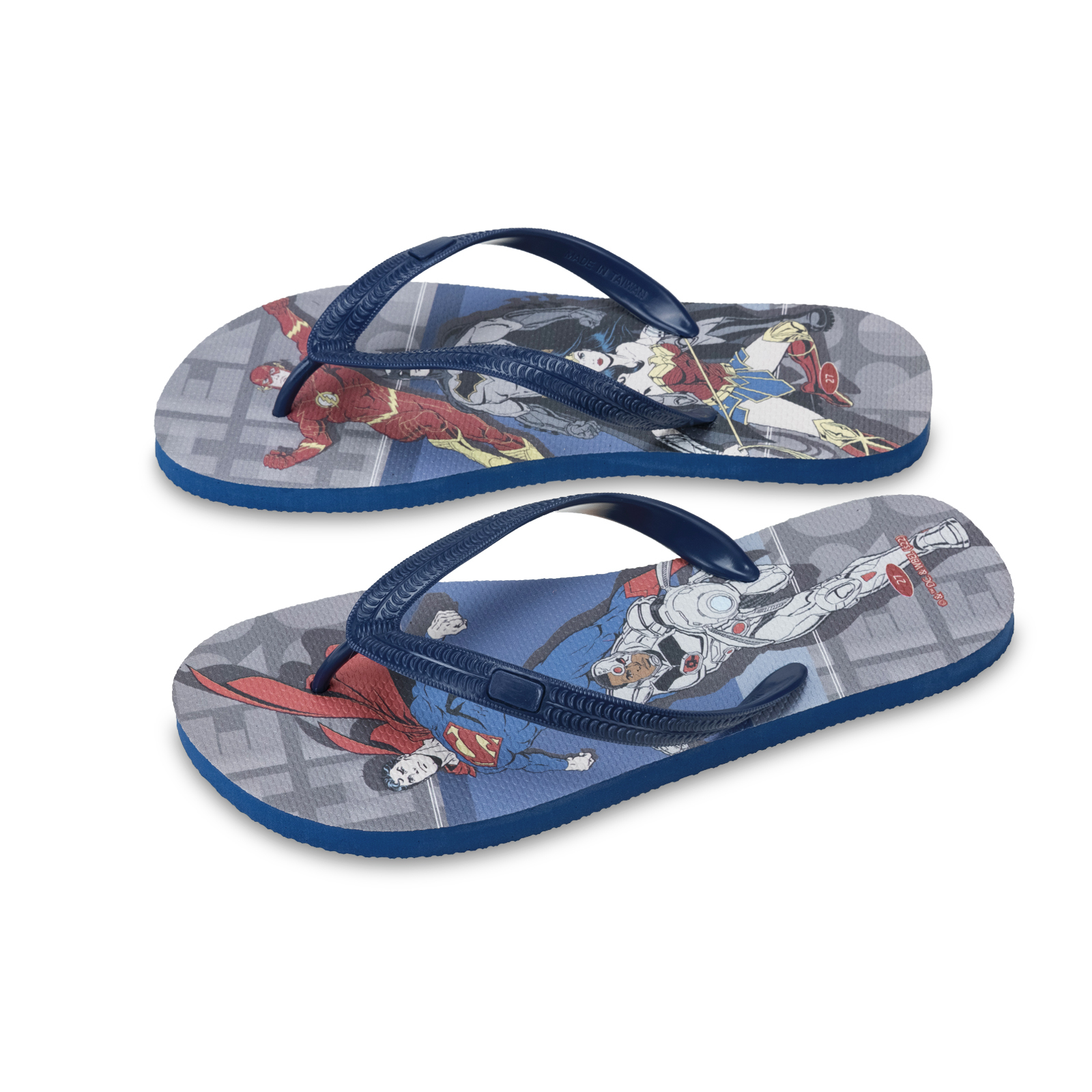 灰藍格款 DC正義聯盟 男款粗帶人字夾腳拖鞋 藏青藍