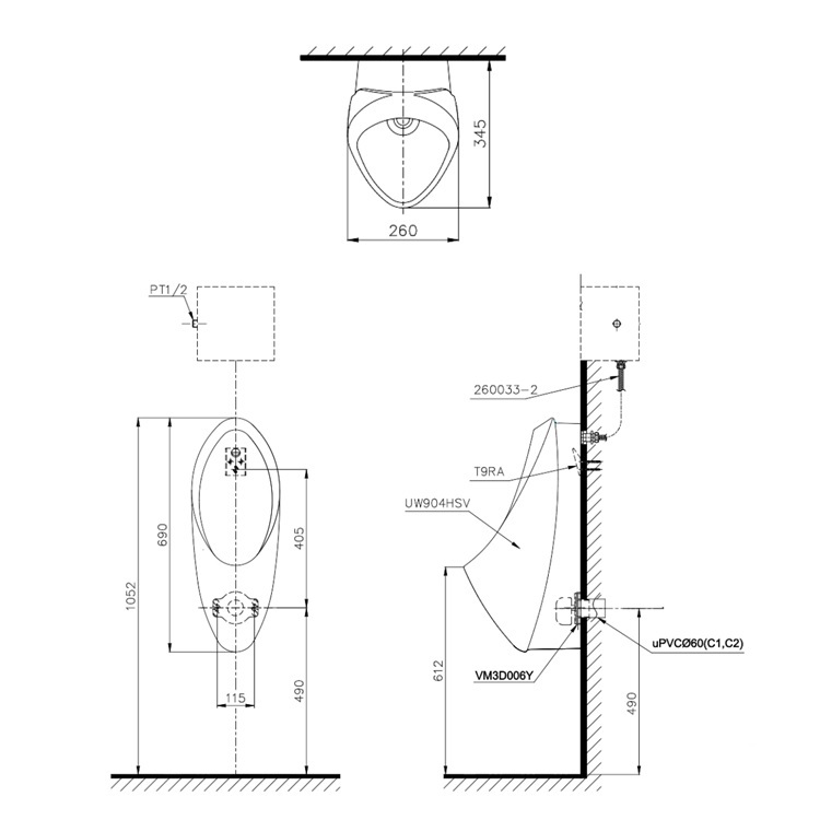 Toto U904HNE#W + T9RA Wallhung urinal (Back spud inlet)