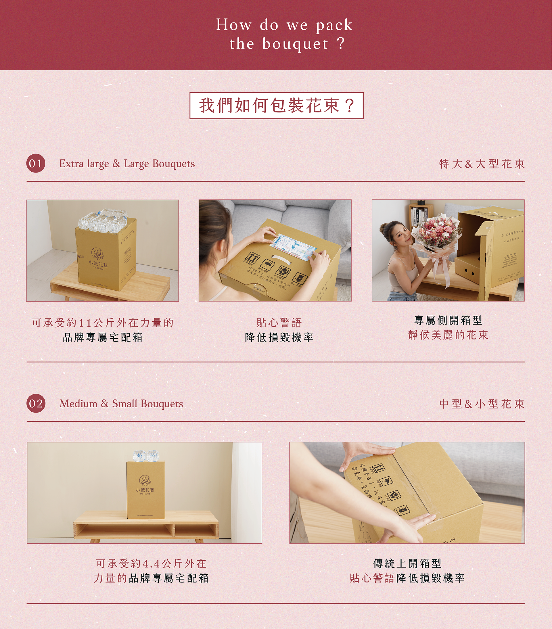 新竹乾燥花店小薇花藝的特大花束、大型花束備有專屬宅配箱，側開設計時尚感十足！中型花束、小型花束則採用經典上開箱型！花束宅配箱皆加強耐重，讓你降低花束壓毀的煩惱！