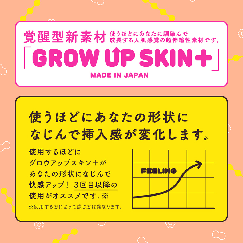 覚醒型新素材使うほどにあなたに馴染んで成長する人肌感覚の超伸縮性素材です 。GROW UP SKIN MADE IN JAPAN使うほどにあなたの形状になじんで挿入感が変化します※使用するほどにグロウアップスキン+があなたの形状になじんで快感アップ! 3回目以降の使用がオススメです。※※使用する方によって感じ方は異なります。FEELING8