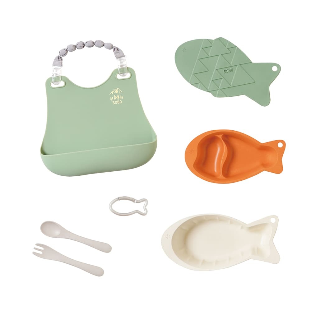 BOBO mamamanma & go Meal set Light khaki 魚形餐具組合連口水肩 淺綠色