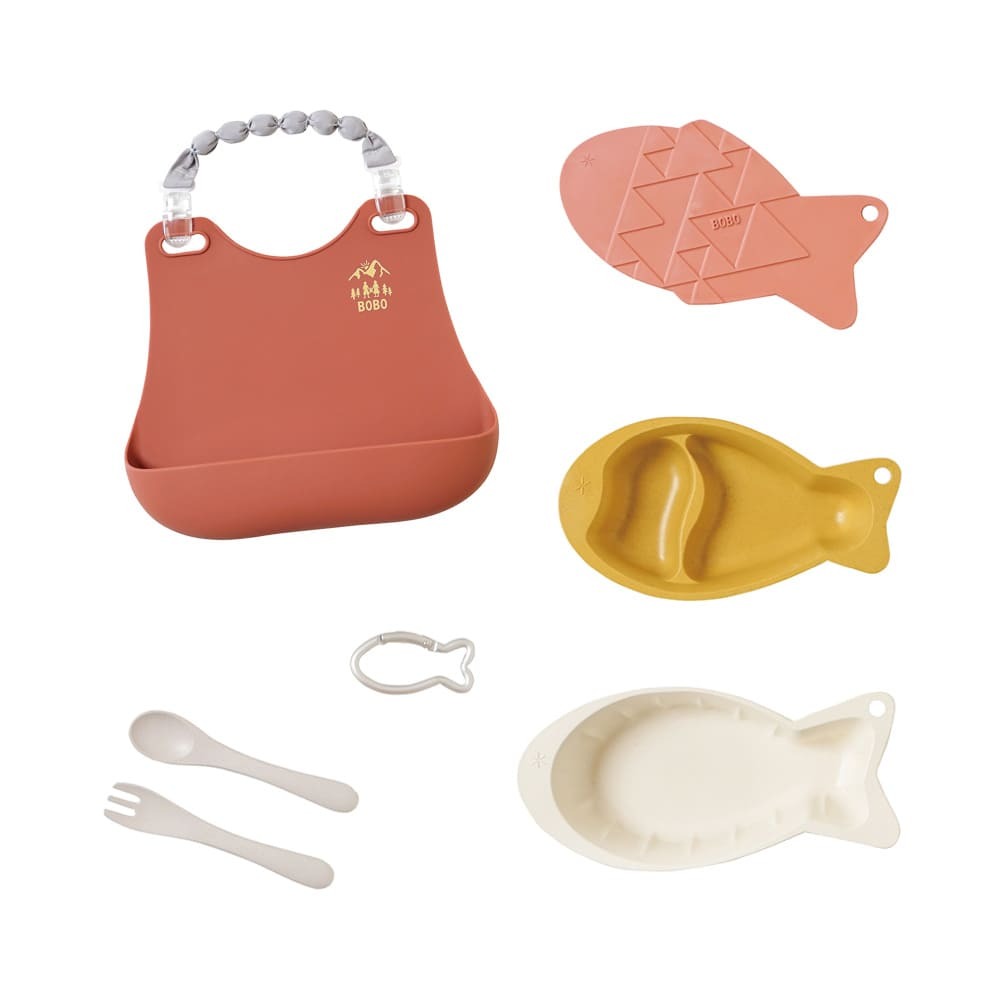 BOBO mamamanma & go Meal set Terracotta 魚形餐具組合連口水肩磚紅色