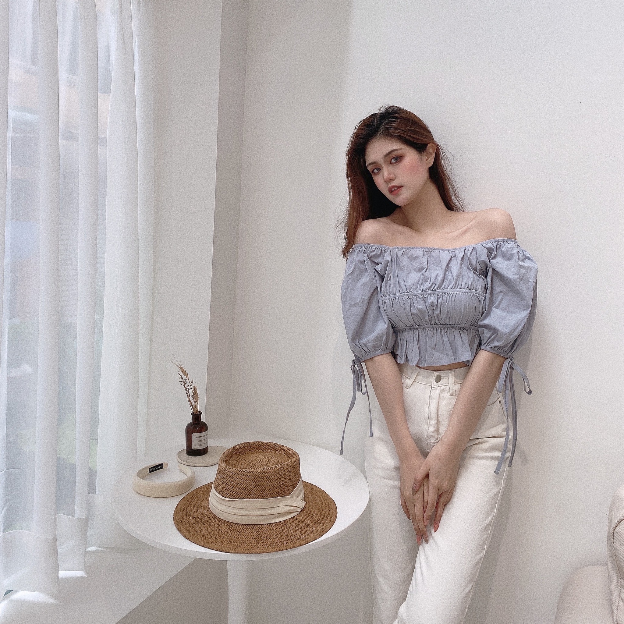 鹽系女孩綁袖方領上衣/三色