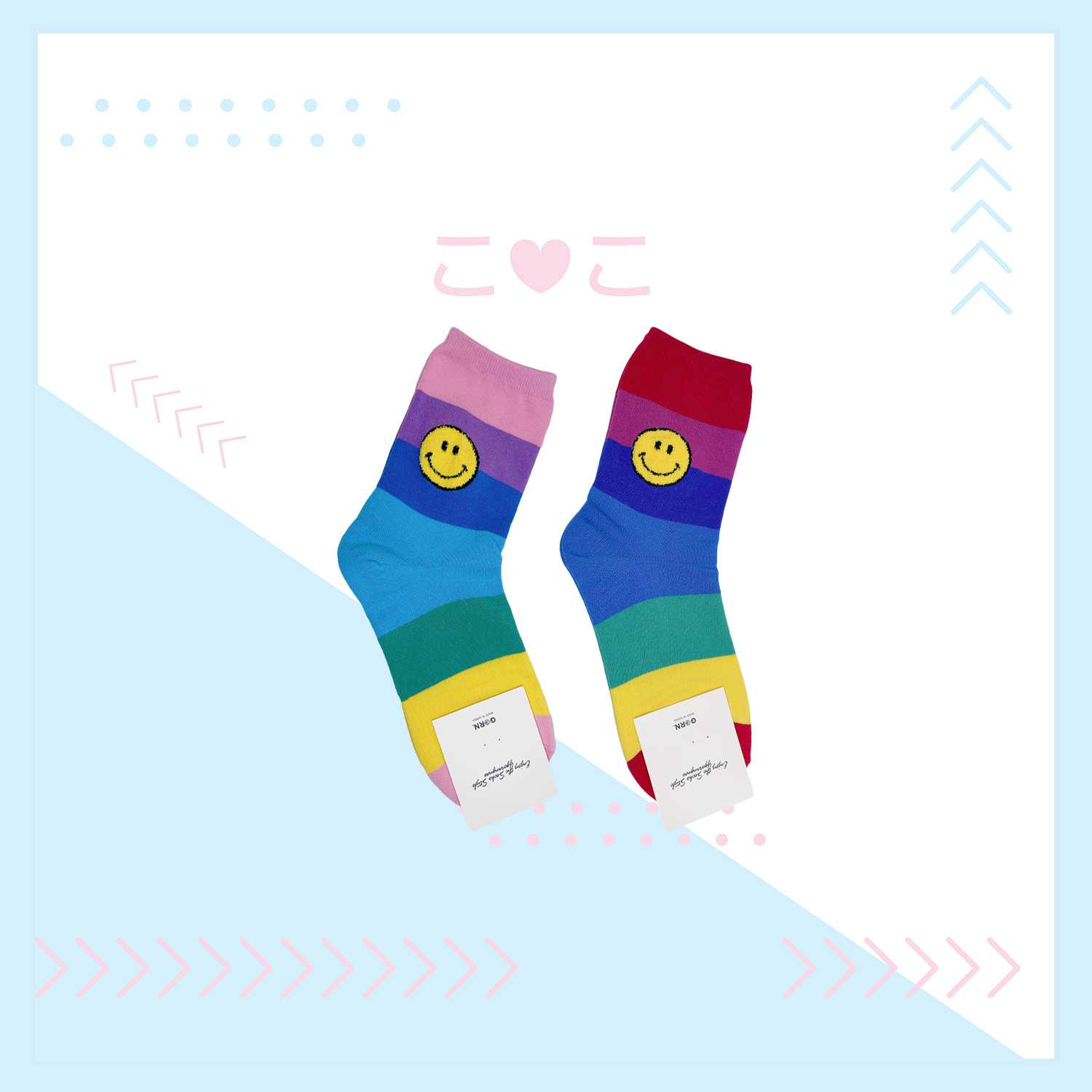 正韓黃色笑臉彩虹條紋襪子