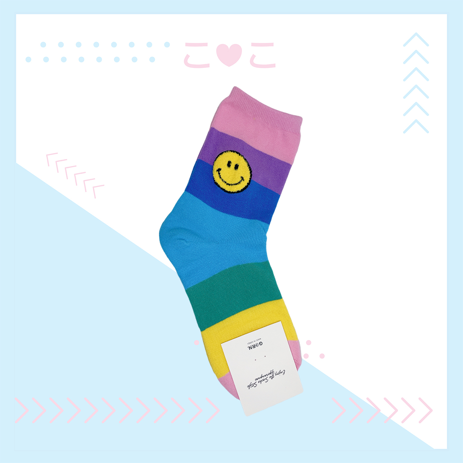 正韓黃色笑臉彩虹條紋襪子