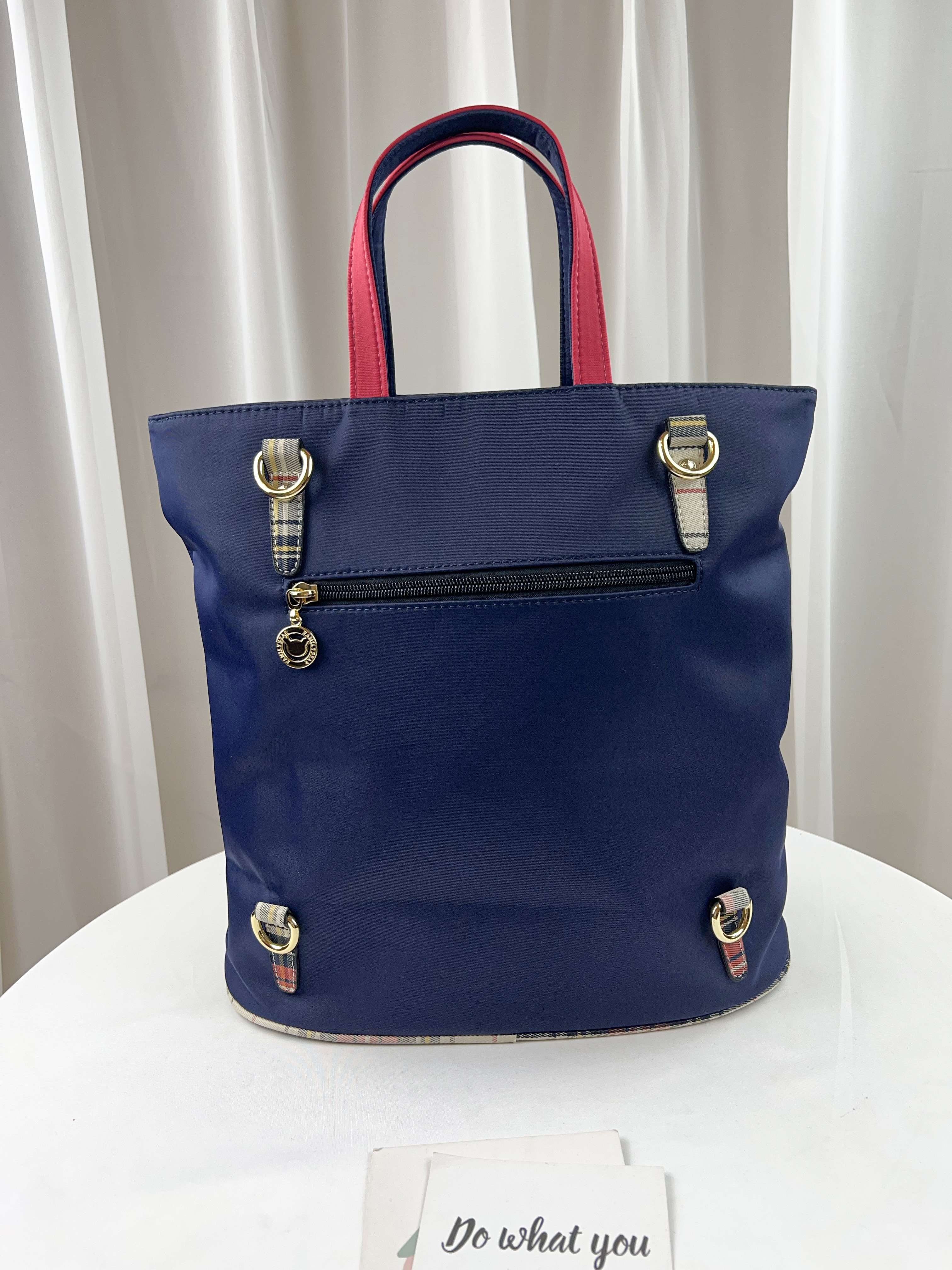 FamilyBear 藍配橘紅拼色 防潑水手提包 / 側背包 / 後背包 附兔兔吊飾  #2610