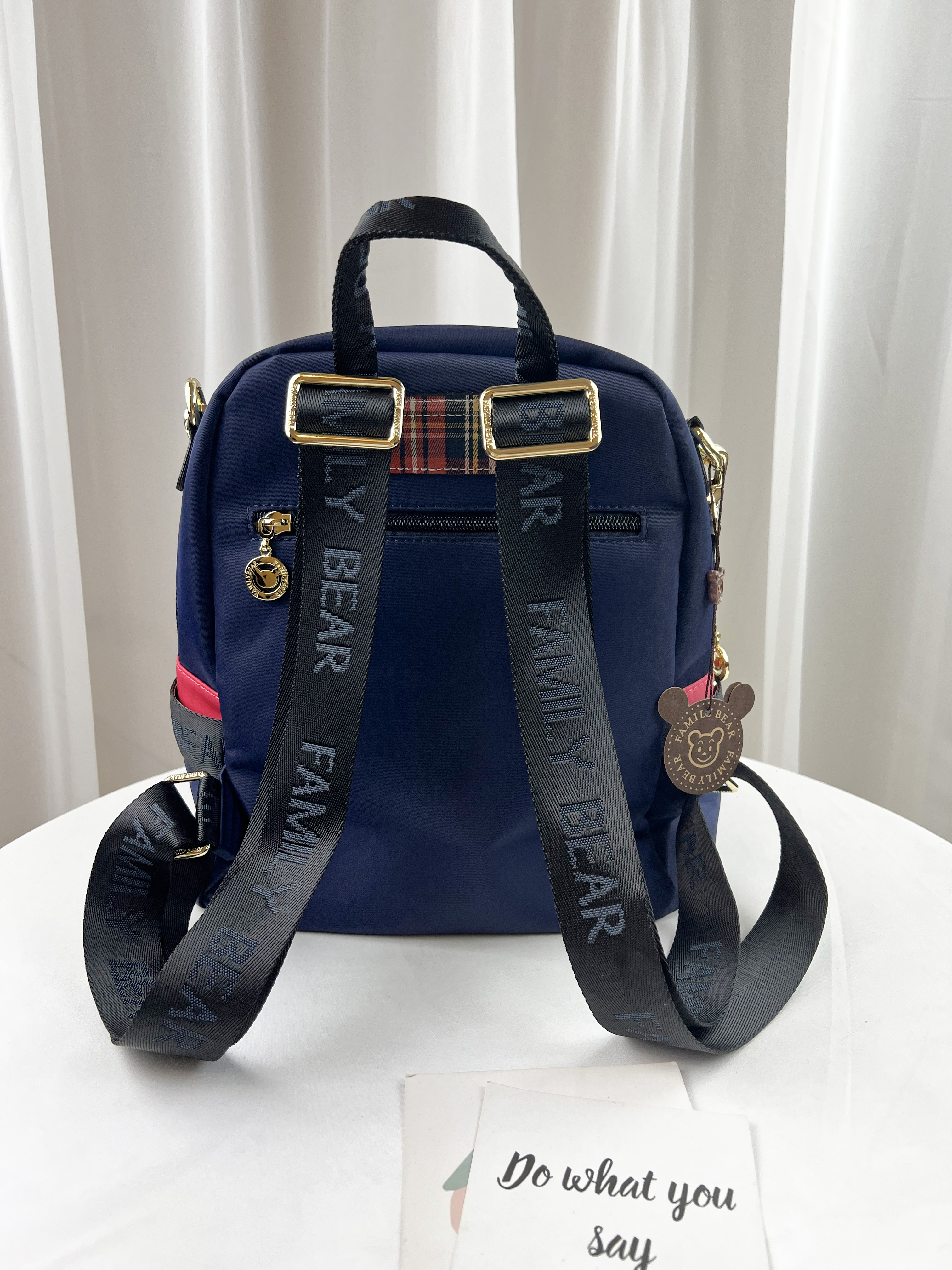 FamilyBear 藍配橘紅拼色 防潑水後背包 / 側背包 附兔兔吊飾 #2649